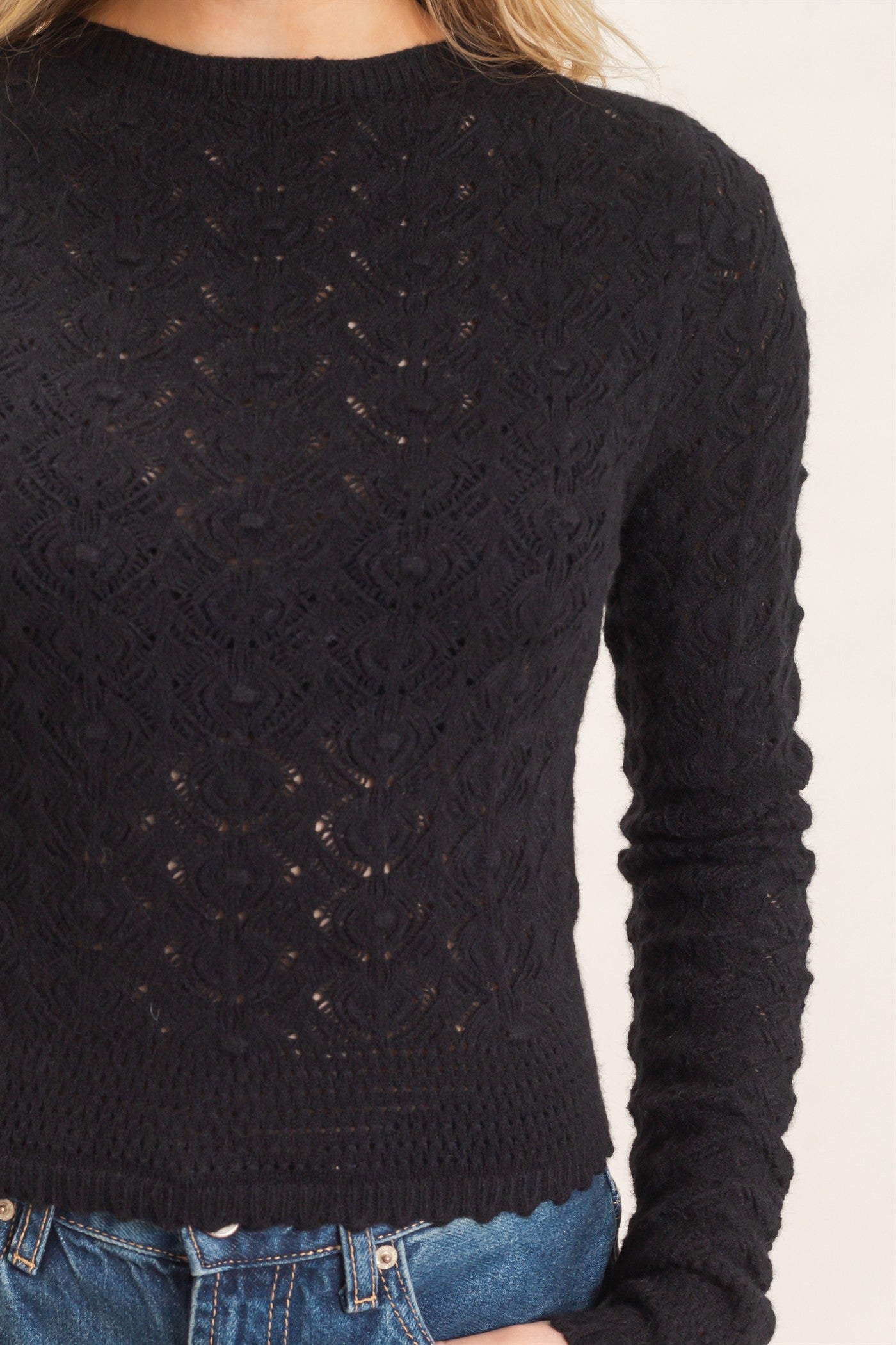 Wholesale Crochet Scalloped Hem Sweater Sweaters HF26F195 BLACK HYFVE