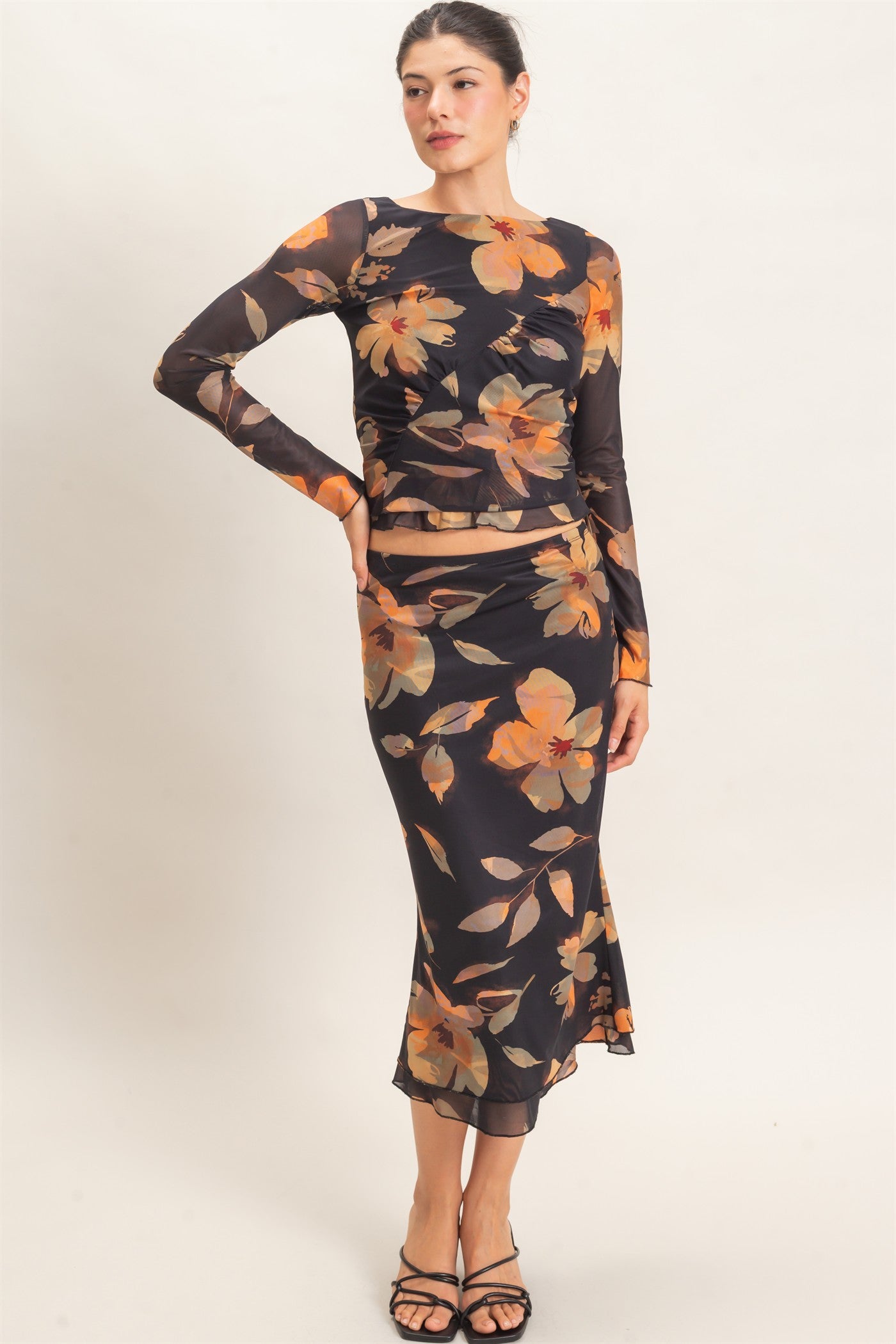 Wholesale Floral Mesh Top And Skirt Set Clothing HF26C933-SET BLACK HYFVE