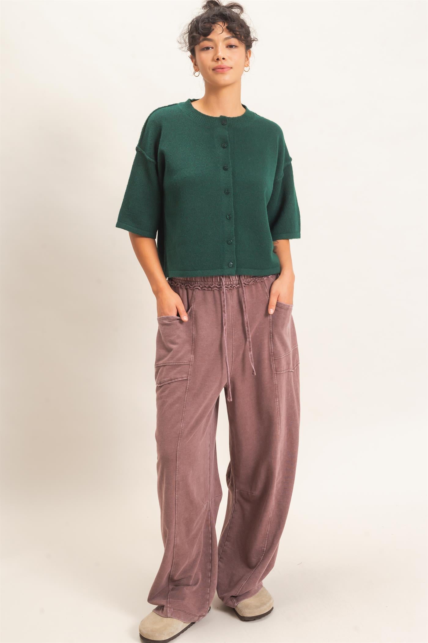 Wholesale Drop Shoulder Short Sleeve Cardigan Cardigans DZ26E238 DARK GREEN DOUBLE ZERO