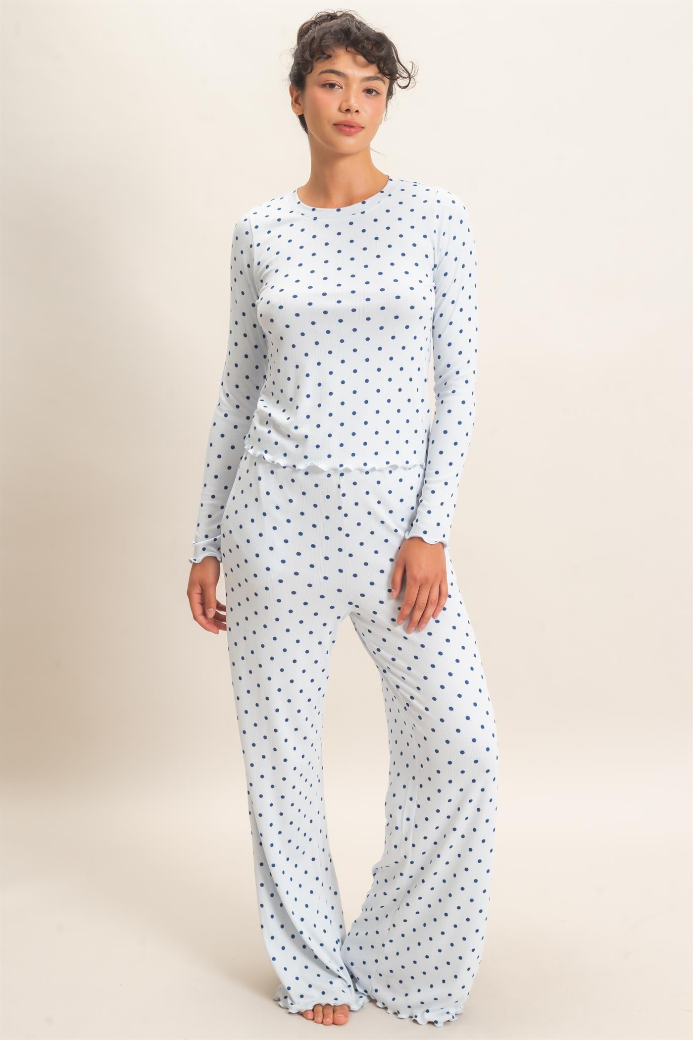 Wholesale Polka Dot Long Sleeve Top & Pants Set Clothing DZ26E914-SET LIGHT BLUE DOUBLE ZERO