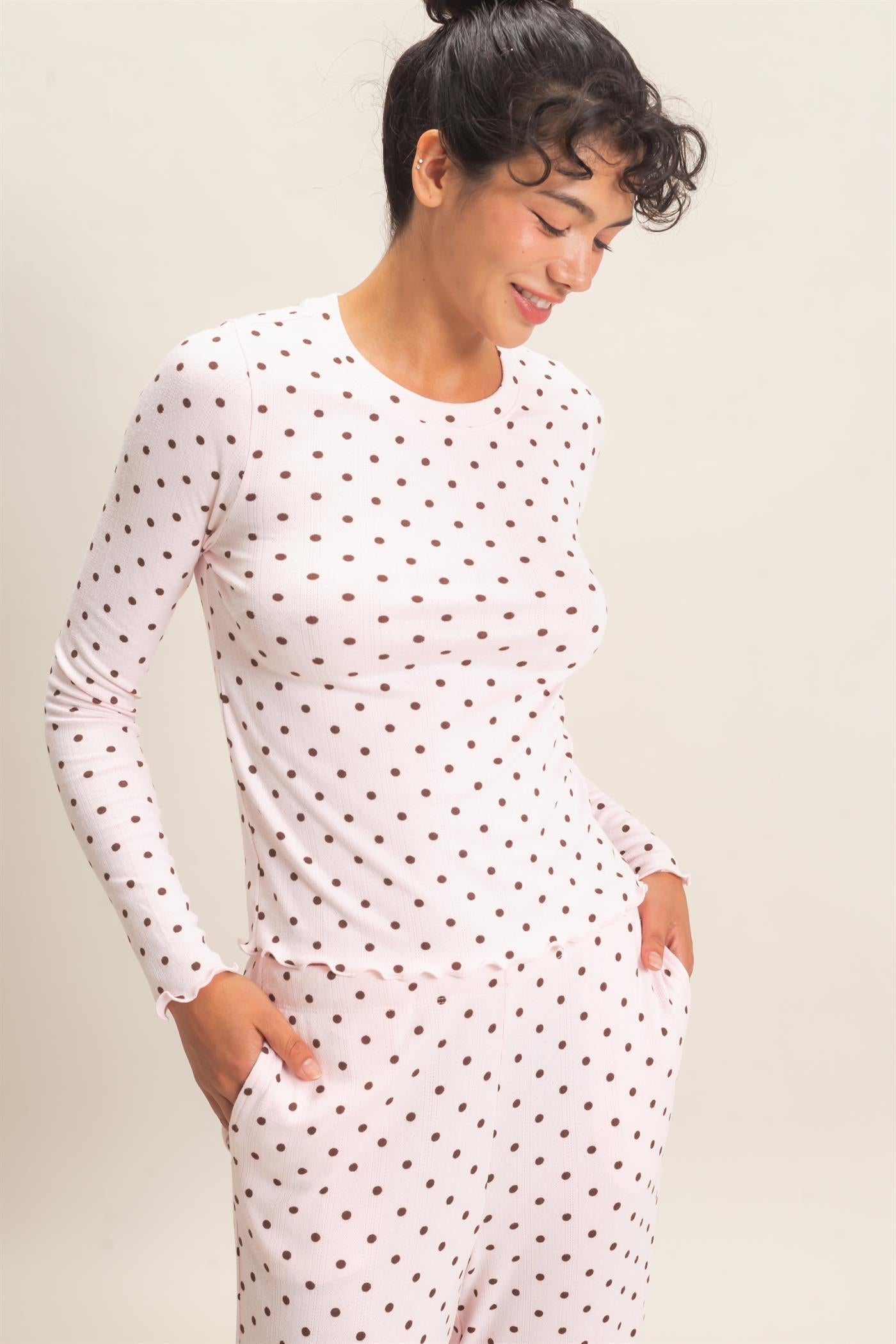 Wholesale Polka Dot Long Sleeve Top & Pants Set Clothing DZ26E914-SET LIGHT PINK DOUBLE ZERO