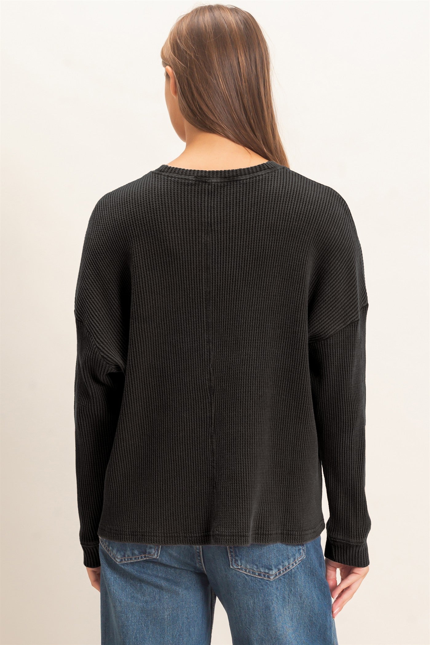 Wholesale Mineral Wash Waffle Long Sleeve Top Clothing Tops DZ26F242 BLACK DOUBLE ZERO
