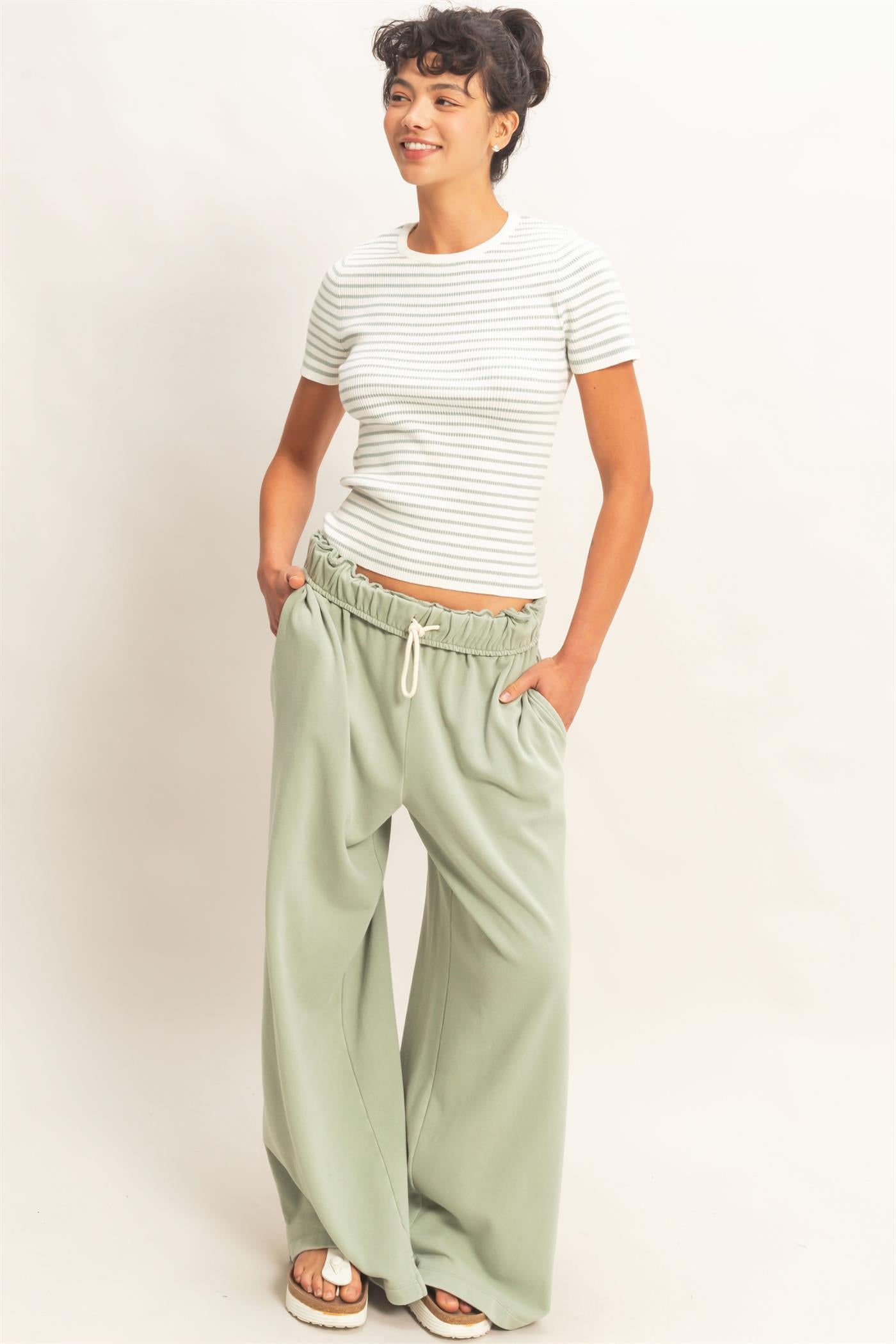 Wholesale Striped Ribbed Short Sleeve Crew Neck Knit Top Clothing Tops DZ26A450 SAGE GREEN DOUBLE ZERO