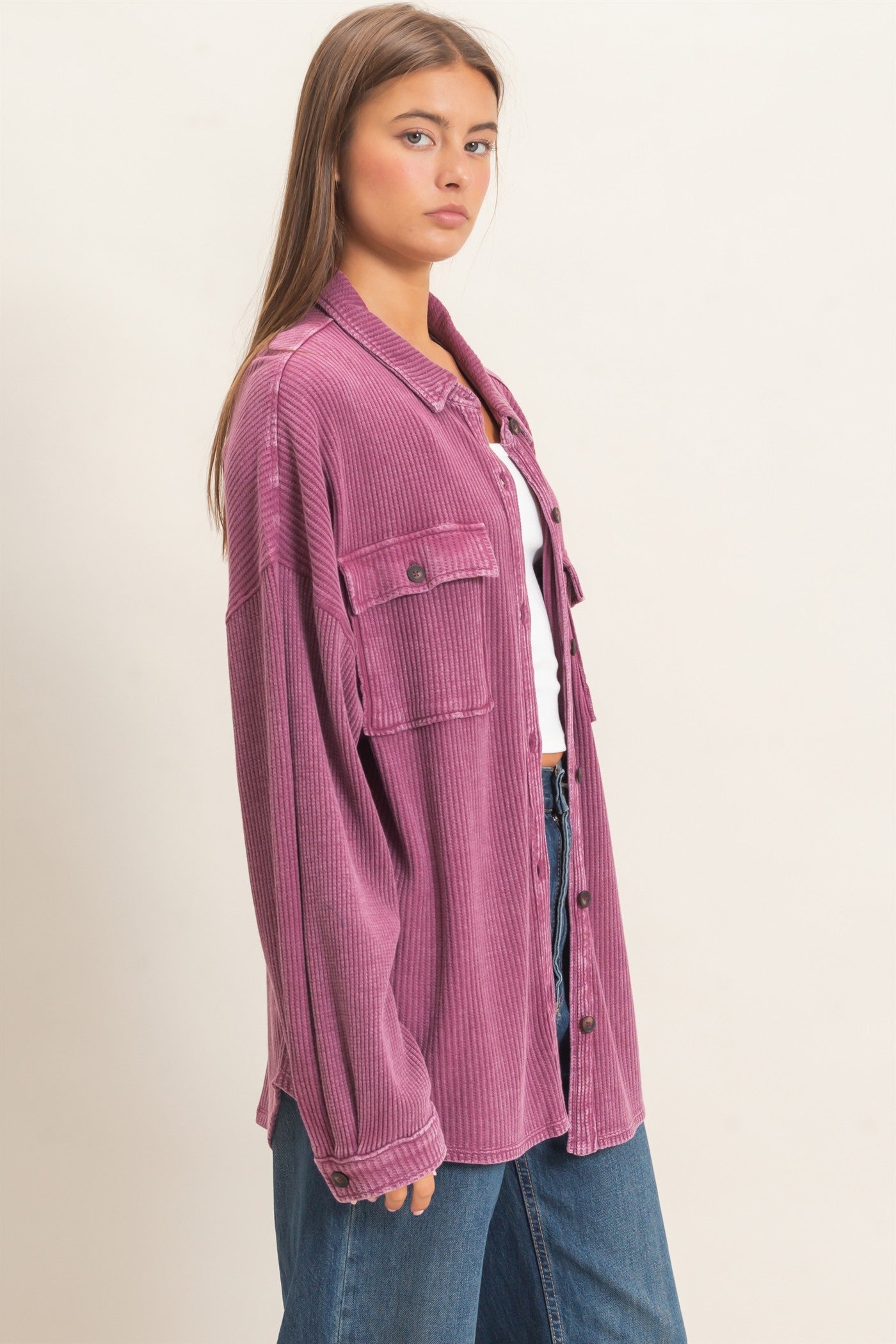 Wholesale Mineral Wash Waffle Knit Button-Up Shacket Coats & Jackets DZ26E249 DARK CHERRY DOUBLE ZERO