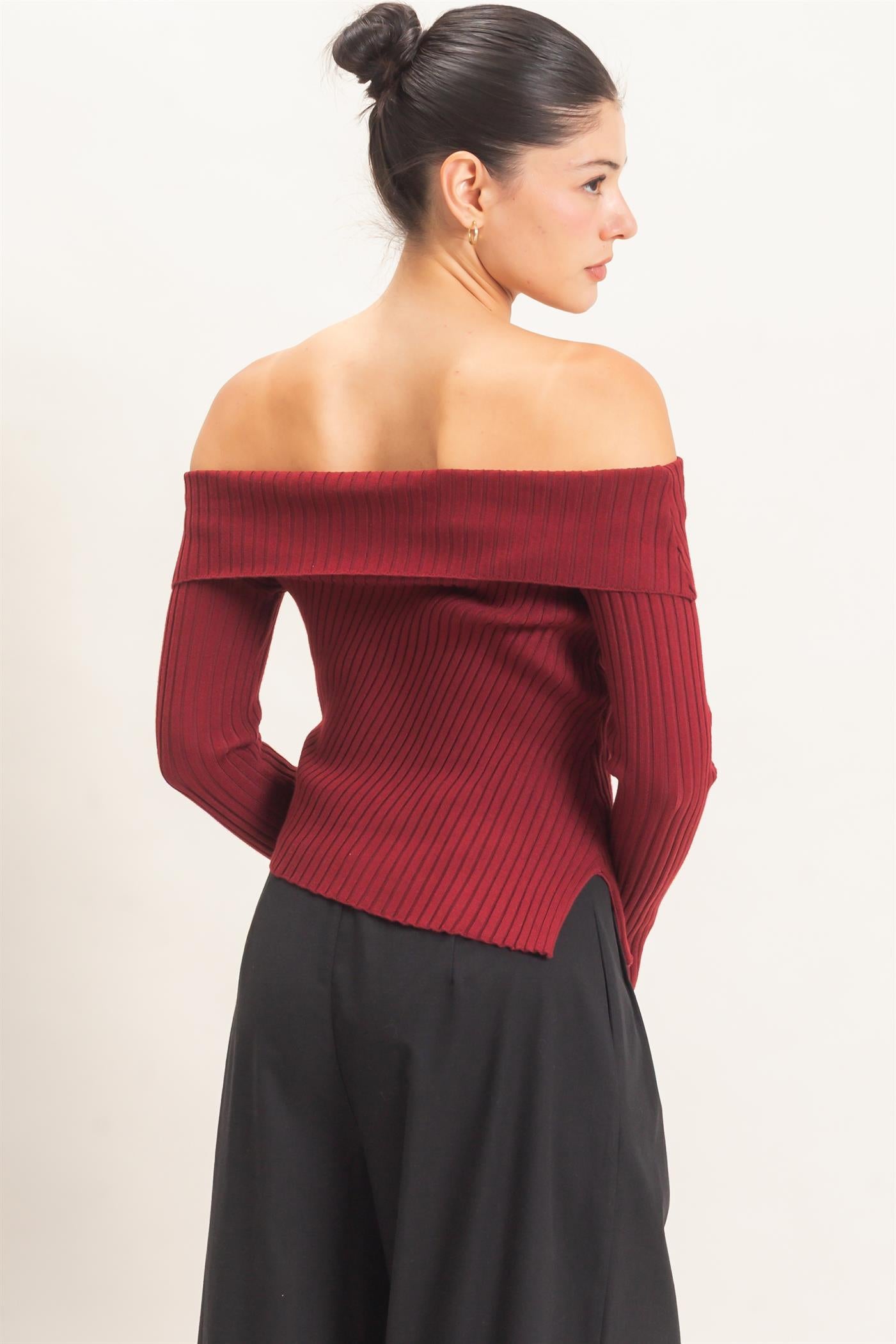 Wholesale Ribbed Off-Shoulder Sweater Sweaters HF26E937 BURGUNDY HYFVE
