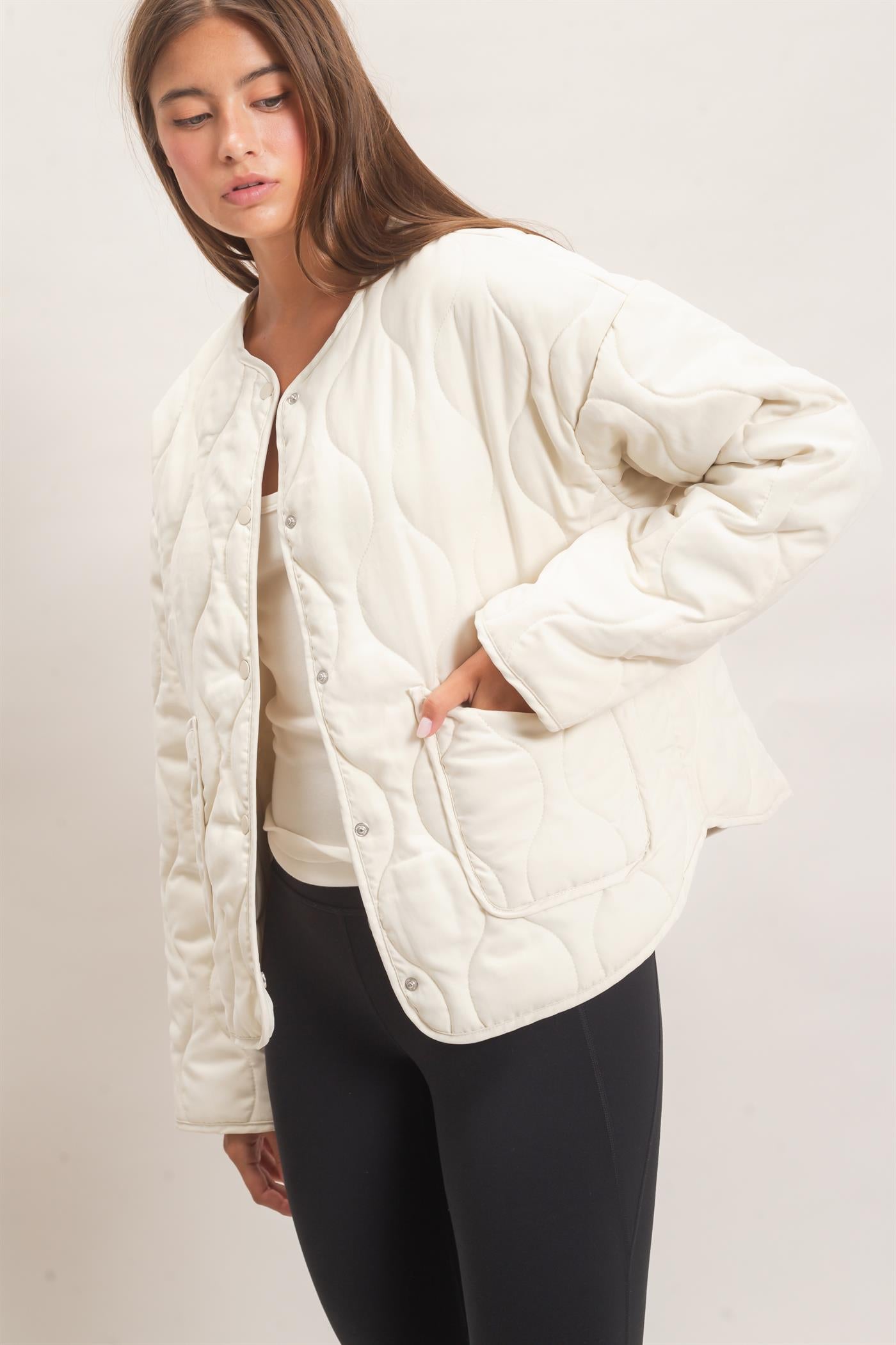 Wholesale Quilted Button Front Jacket Coats & Jackets DZ26F254 CREAM DOUBLE ZERO