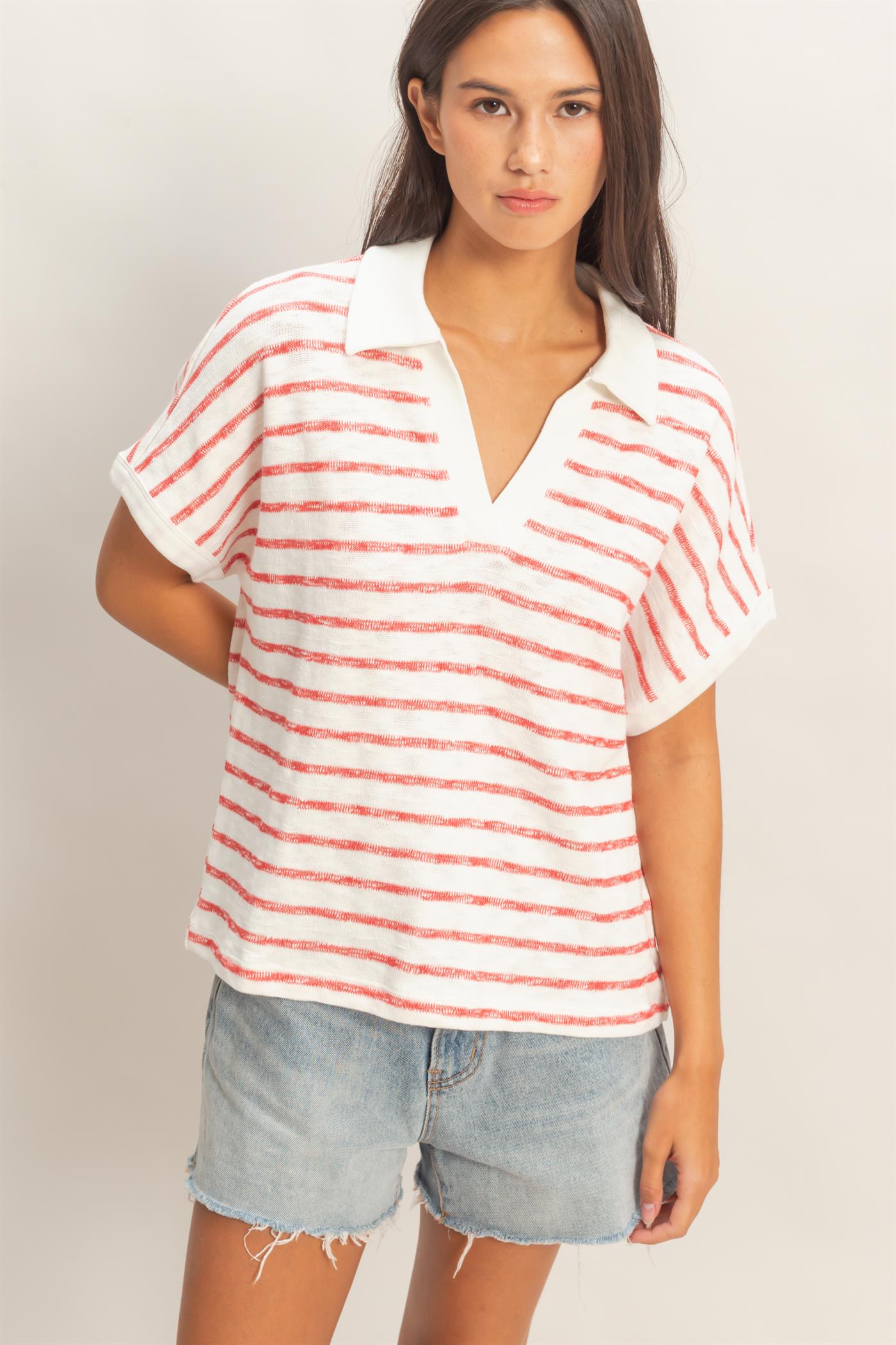 Wholesale Striped Dolman Sleeve V-Neck Collared Top Clothing Tops DZ26A452 RED DOUBLE ZERO
