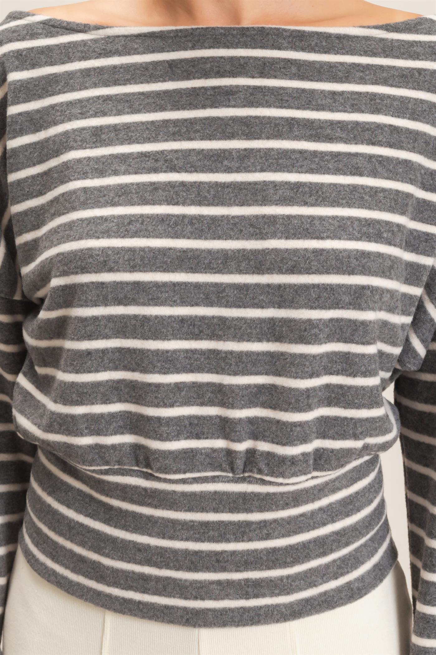 Wholesale Striped Off Shoulder Top T-Shirts HF26E953 GRAY HYFVE