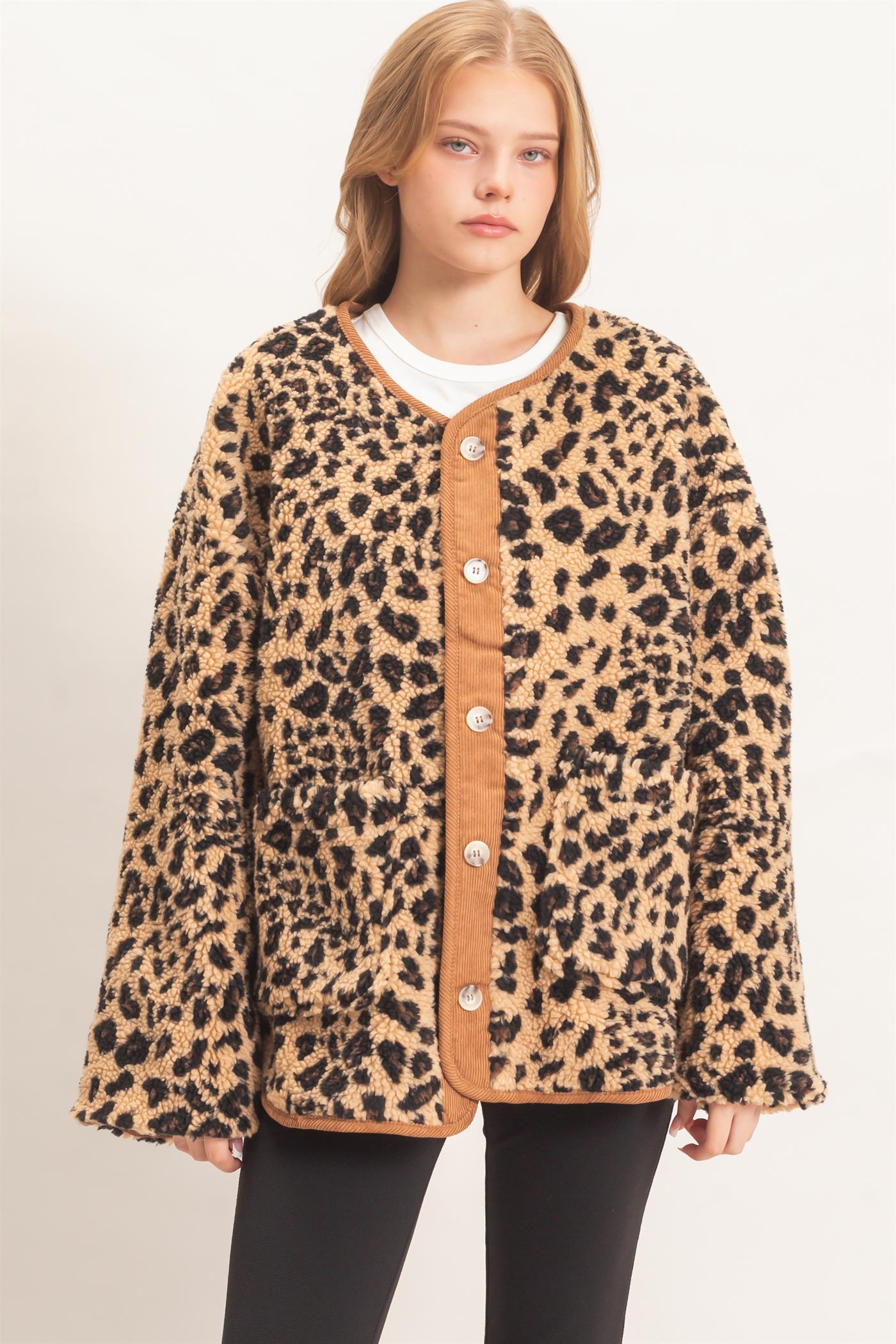 Wholesale Leopard Faux Fur Jacket With Contrast Trim Coats & Jackets HF26F162 TAUPE COMBO HYFVE