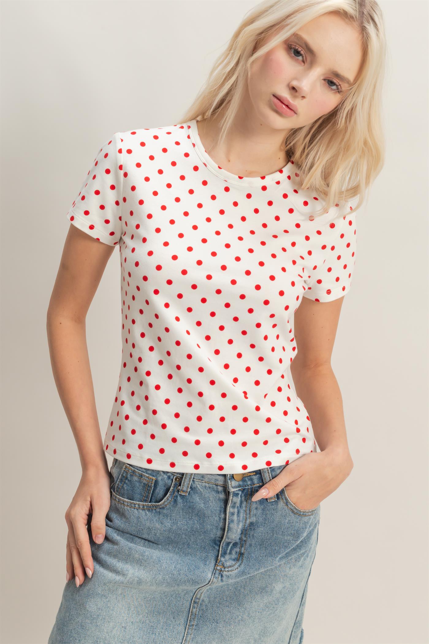 Wholesale Polka Dot Short Sleeve Crew Neck Top Clothing Tops DZ26C383 RED DOUBLE ZERO
