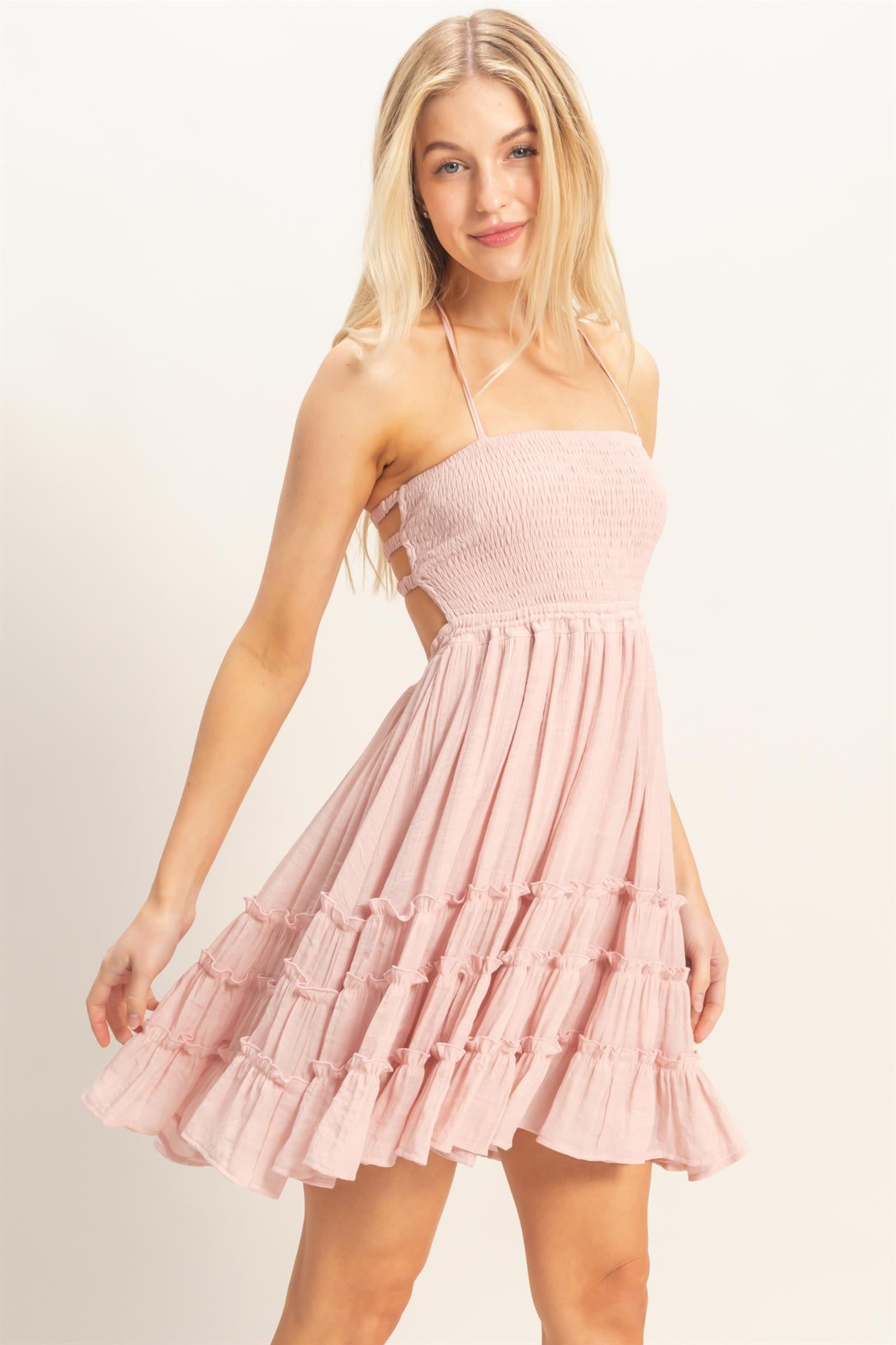 Wholesale Smocked Tiered Midi Dress Dresses HF26C299-D BLUSH HYFVE