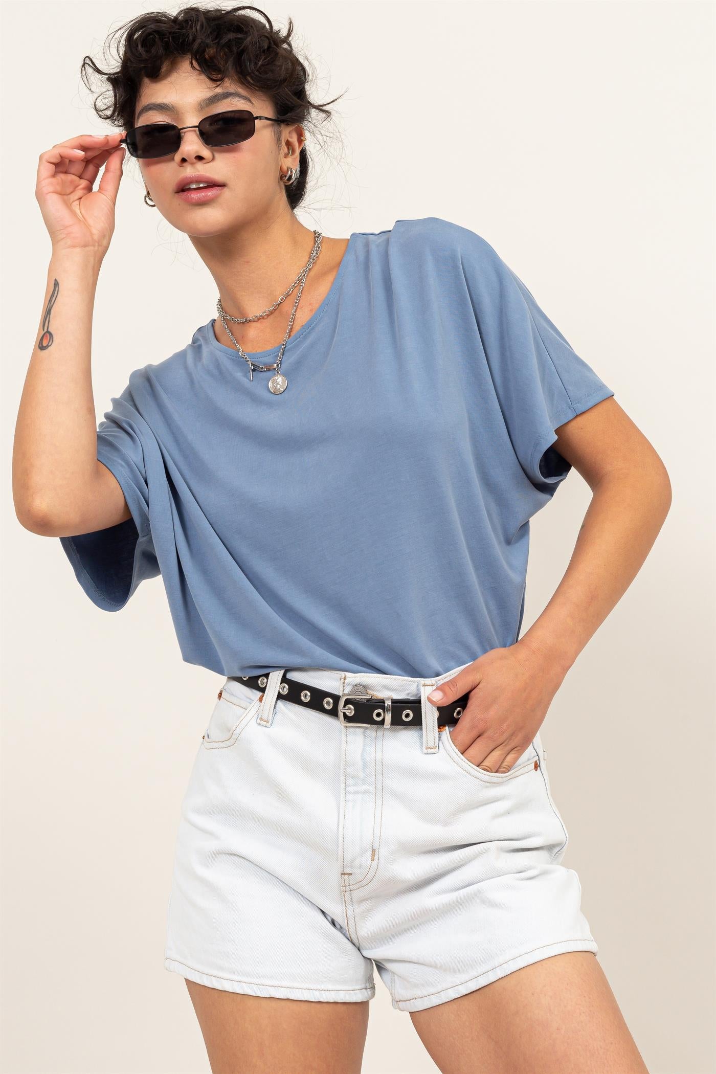 Wholesale D-Elbow Length Dolman Sleeve Top Clothing Tops DZ24C199-D GRAY BLUE DOUBLE ZERO
