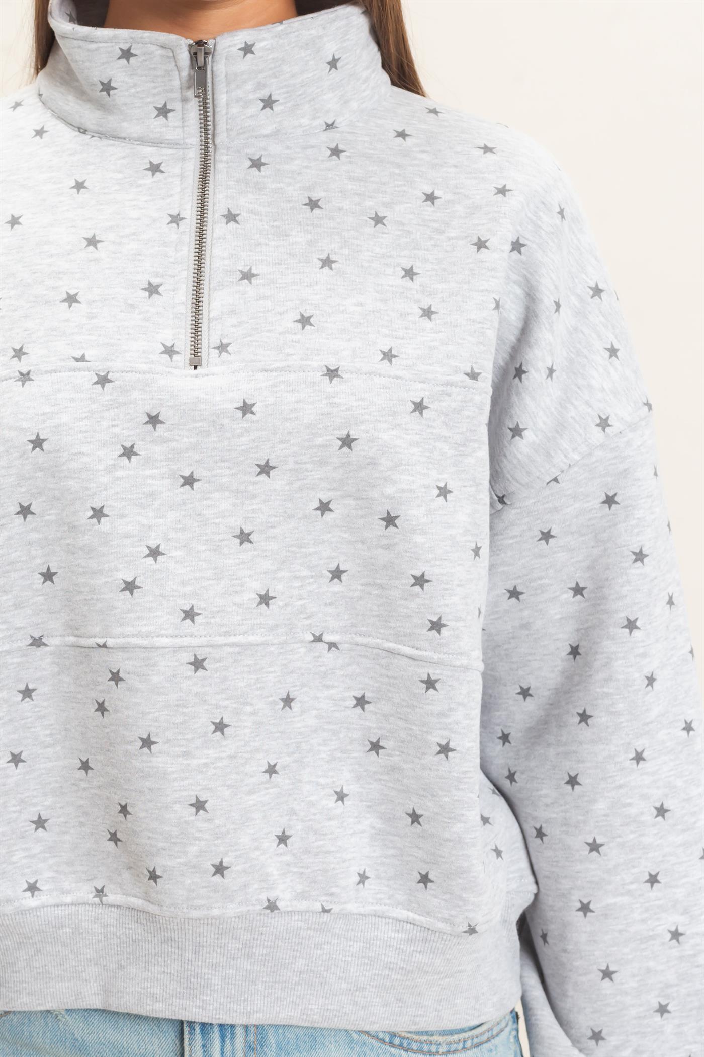 Wholesale Star Print Half Zip Sweatshirt Sweatshirts DZ26E245 HEATHER GRAY DOUBLE ZERO