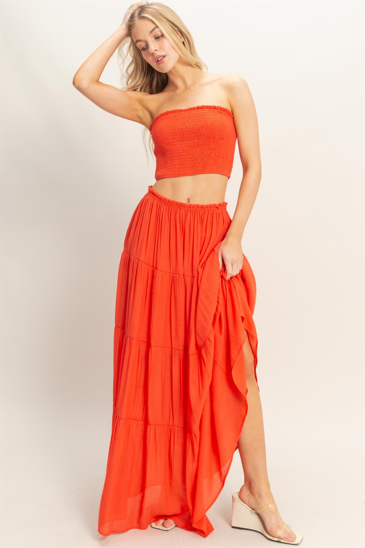 Wholesale Smocked Tube Top & Tiered Skirt Set Clothing HF26C289-SET-D ORANGE RED HYFVE