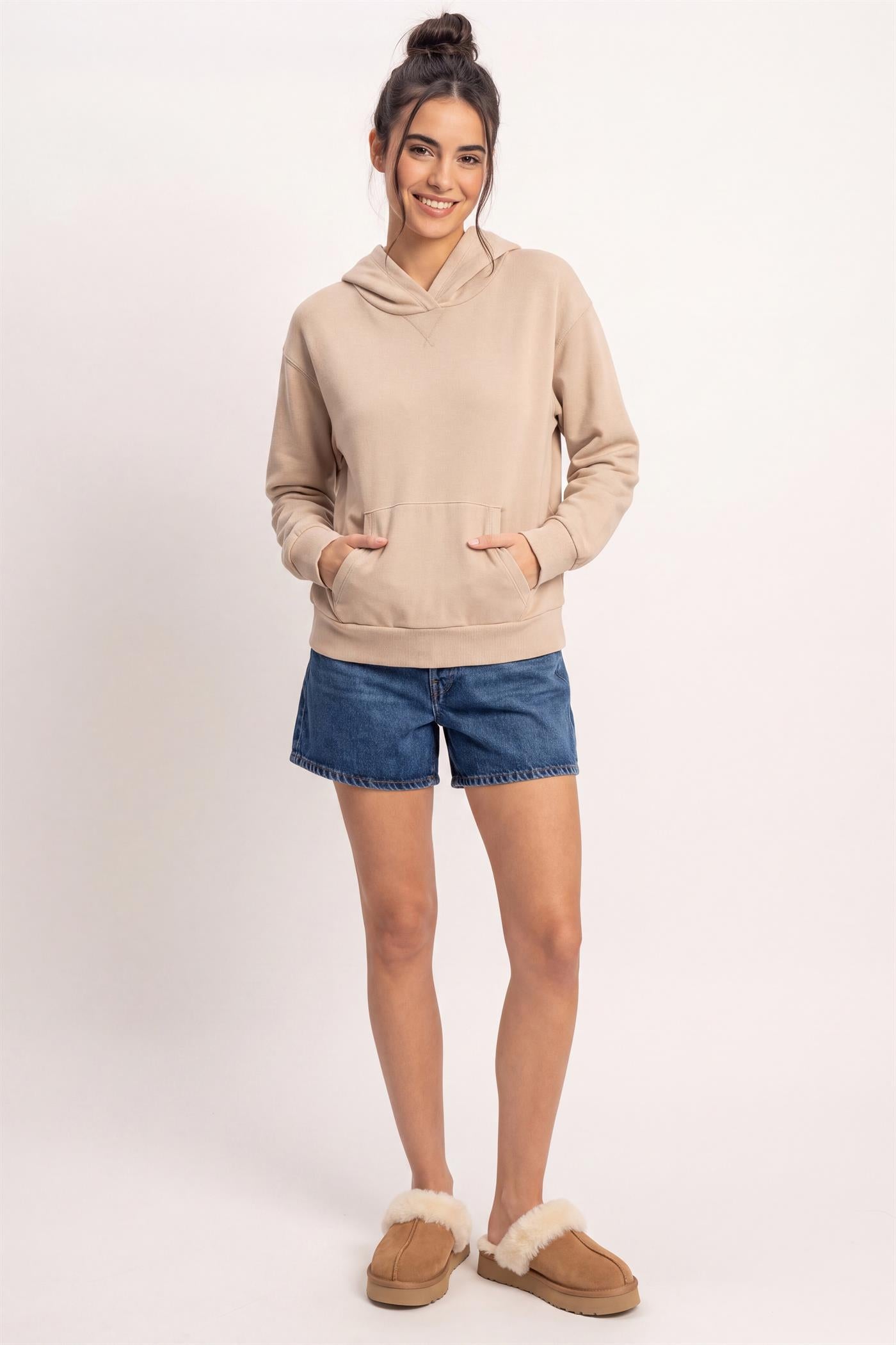 Wholesale Long Sleeve Hoodie With Kangaroo Pocket Hoodies DZ26F276 TAUPE DOUBLE ZERO