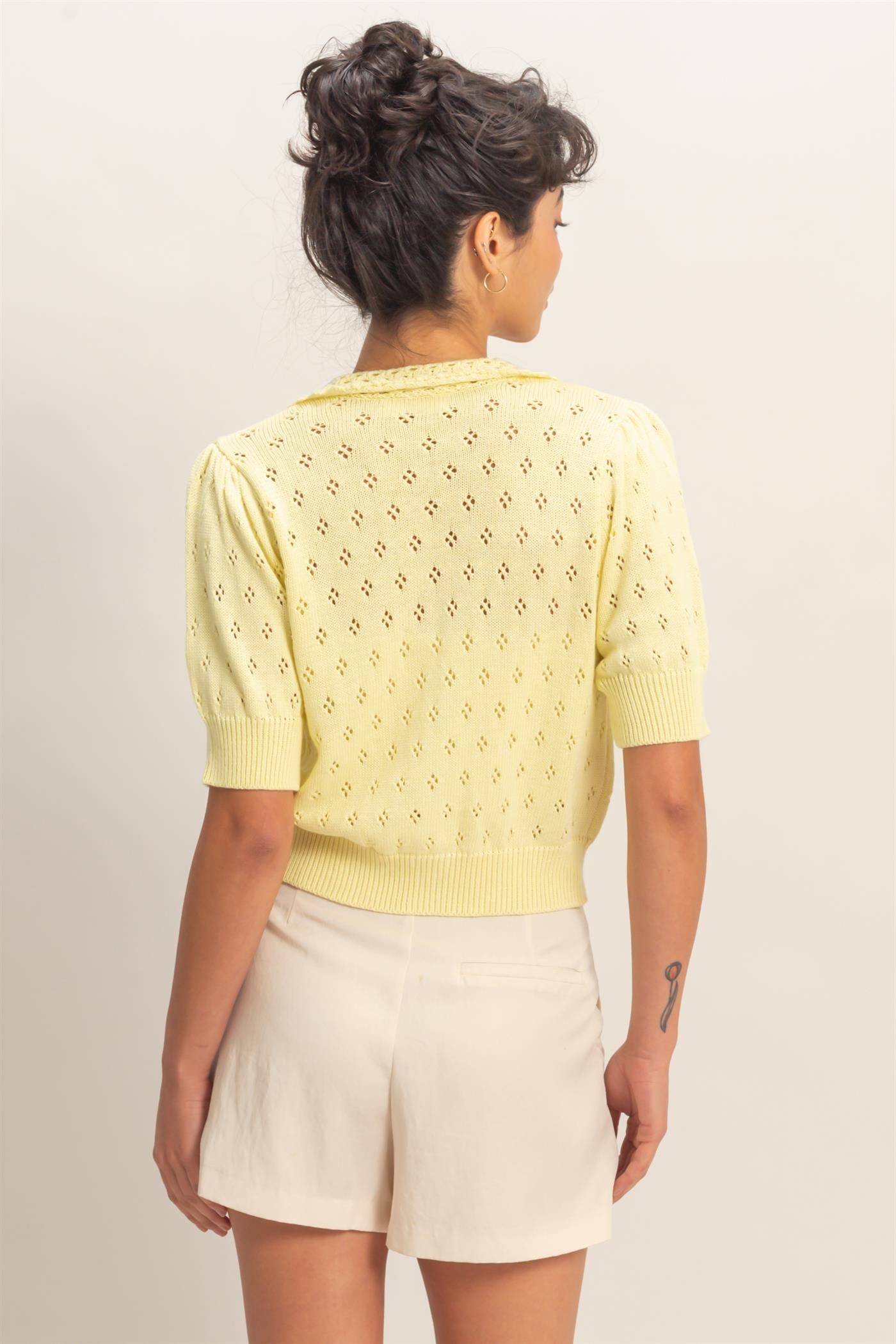 Wholesale Pointelle Collar Button-Up Puff Sleeve Knit Top Clothing Tops DZ26A748 PALE YELLOW HYFVE