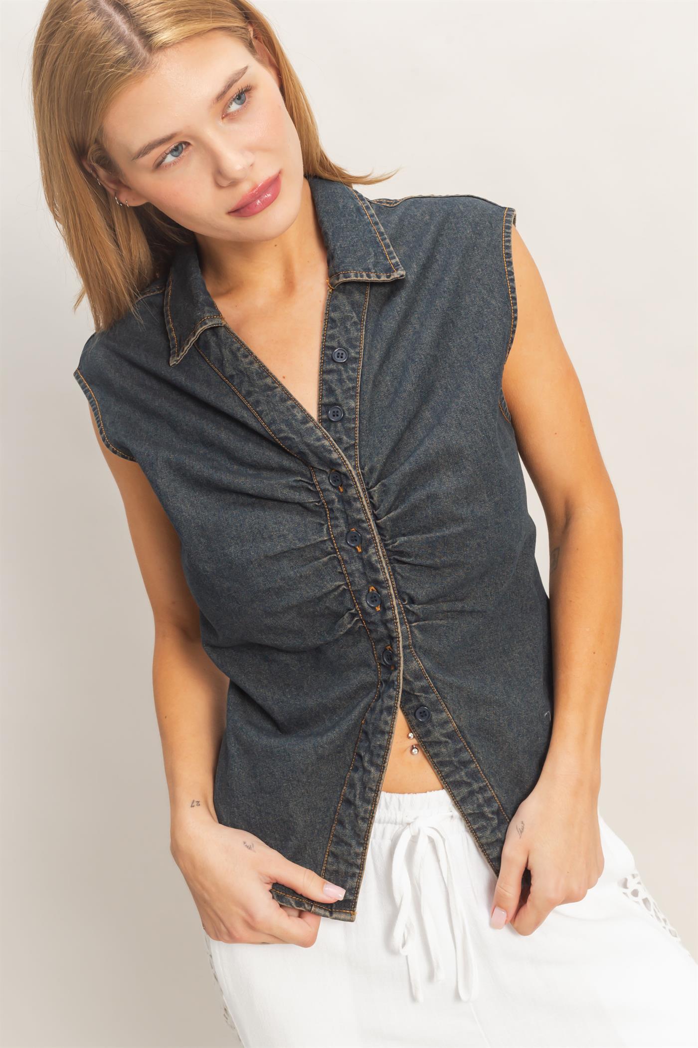 Wholesale Sleeveless Denim Button-Up Top Clothing Tops HF26C221 DARK BLUE HYFVE