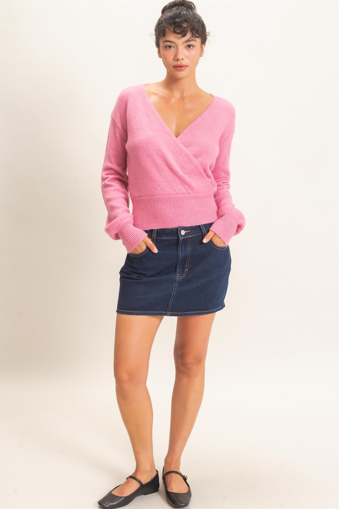 Wholesale Wrap V Neck Sweater Sweaters DZ26E948 PINK DOUBLE ZERO