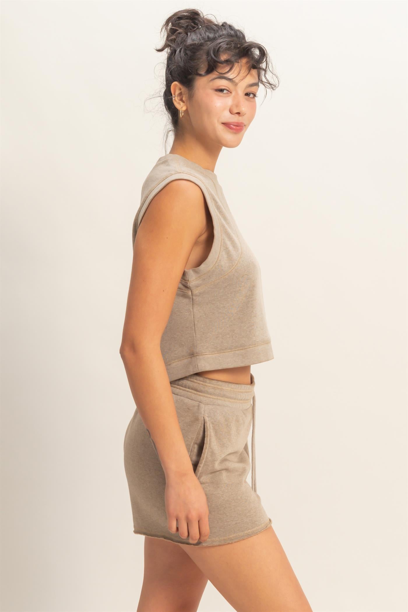 Wholesale Burnout French Terry Sleeveless Top & Shorts Set Clothing Tops DZ26A171-SET MOCHA DOUBLE ZERO