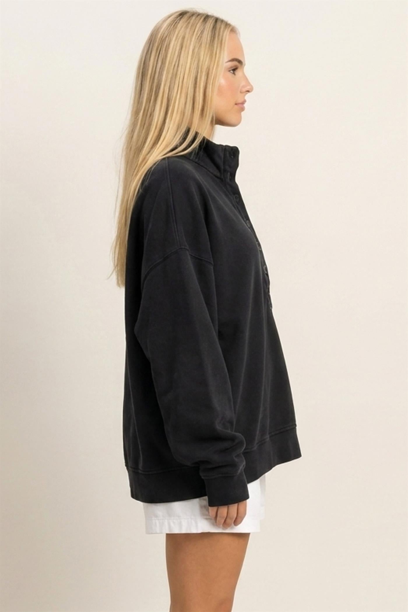 Wholesale Mineral Wash Button Front Sweatshirt Sweatshirts DZ26C909 BLACK DOUBLE ZERO