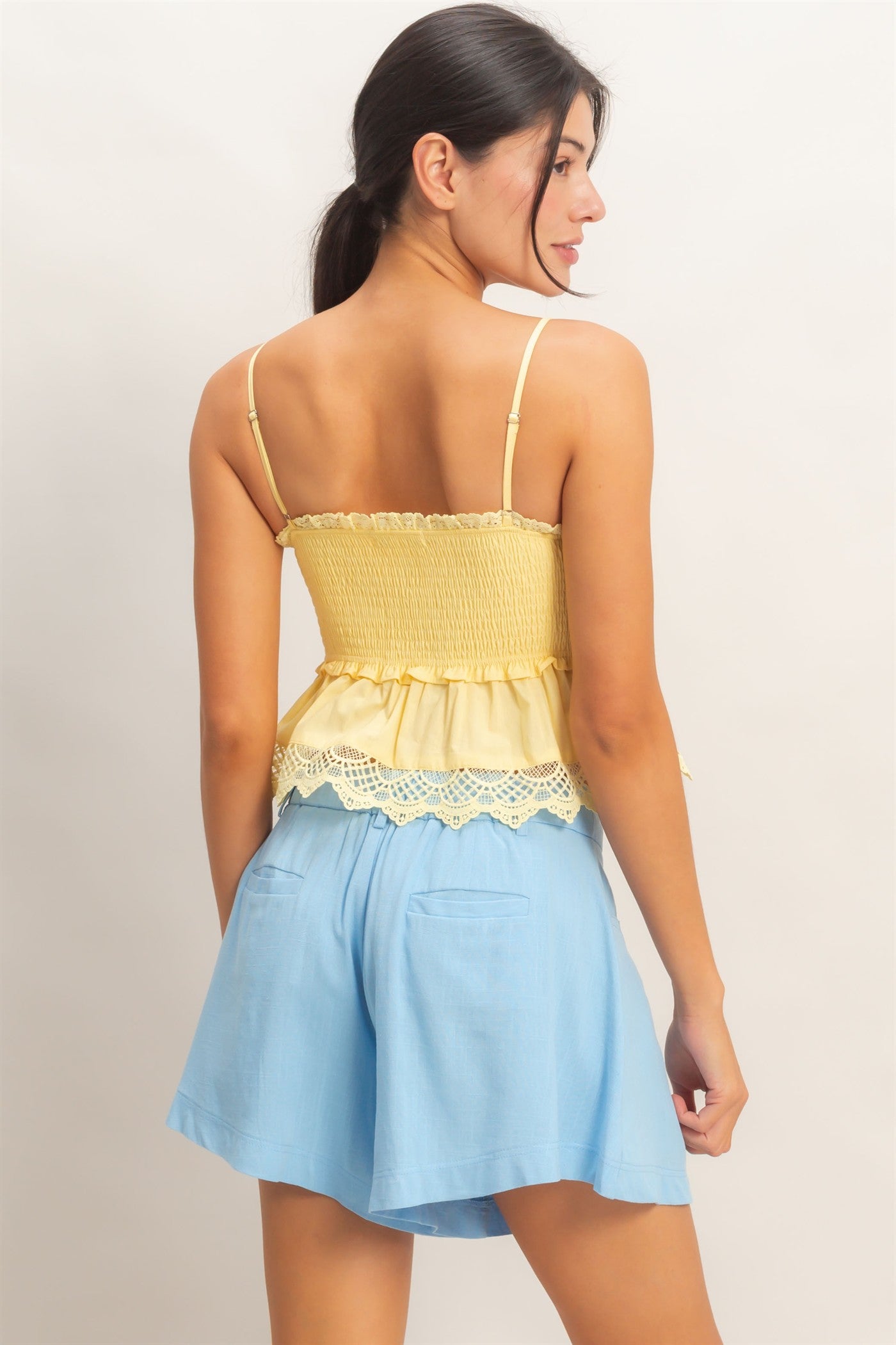 Wholesale Smocked Peplum Top With Lace Trim Clothing Tops HF26C558 YELLOW HYFVE