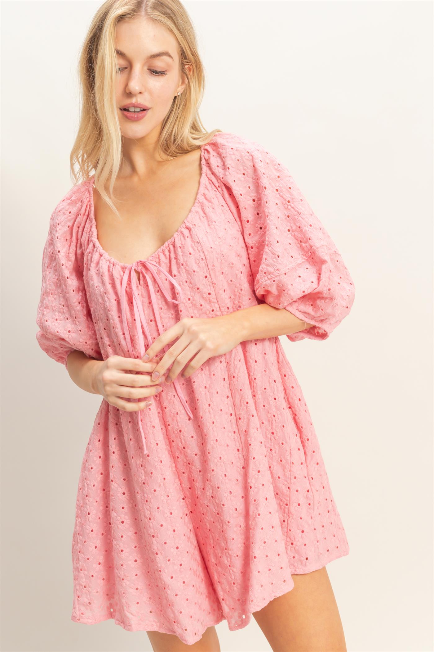 Wholesale Eyelet Babydoll Romper Clothing HF26A181 ROSE PINK HYFVE