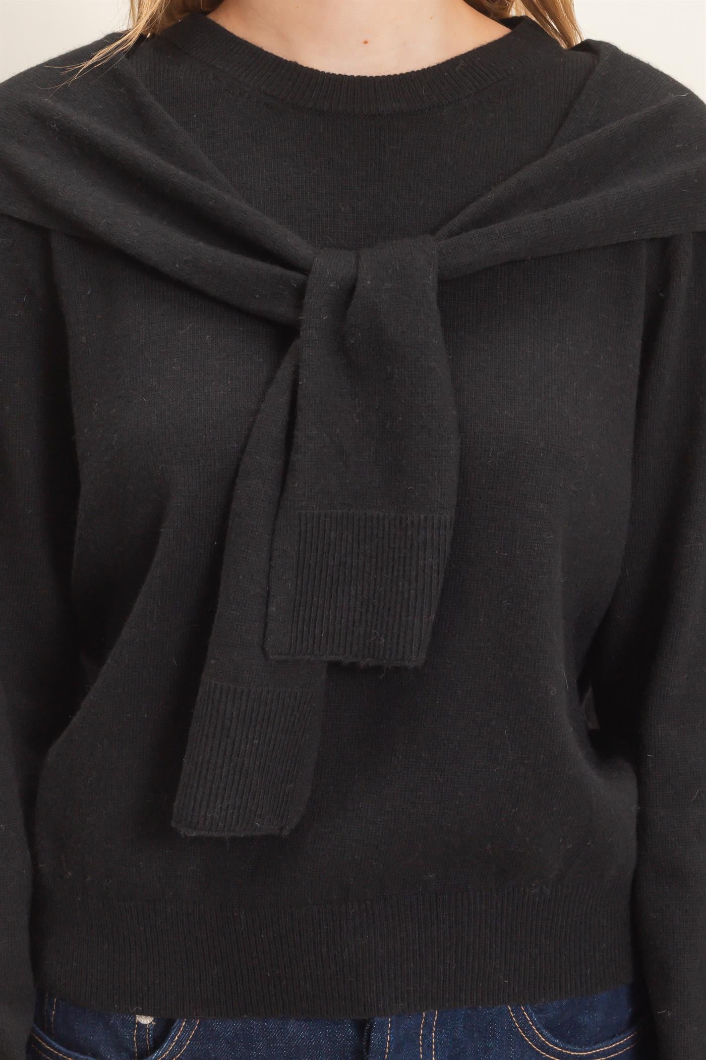 Wholesale Crew Neck Sweater With Faux Wrap Sweaters HF26E698 BLACK HYFVE