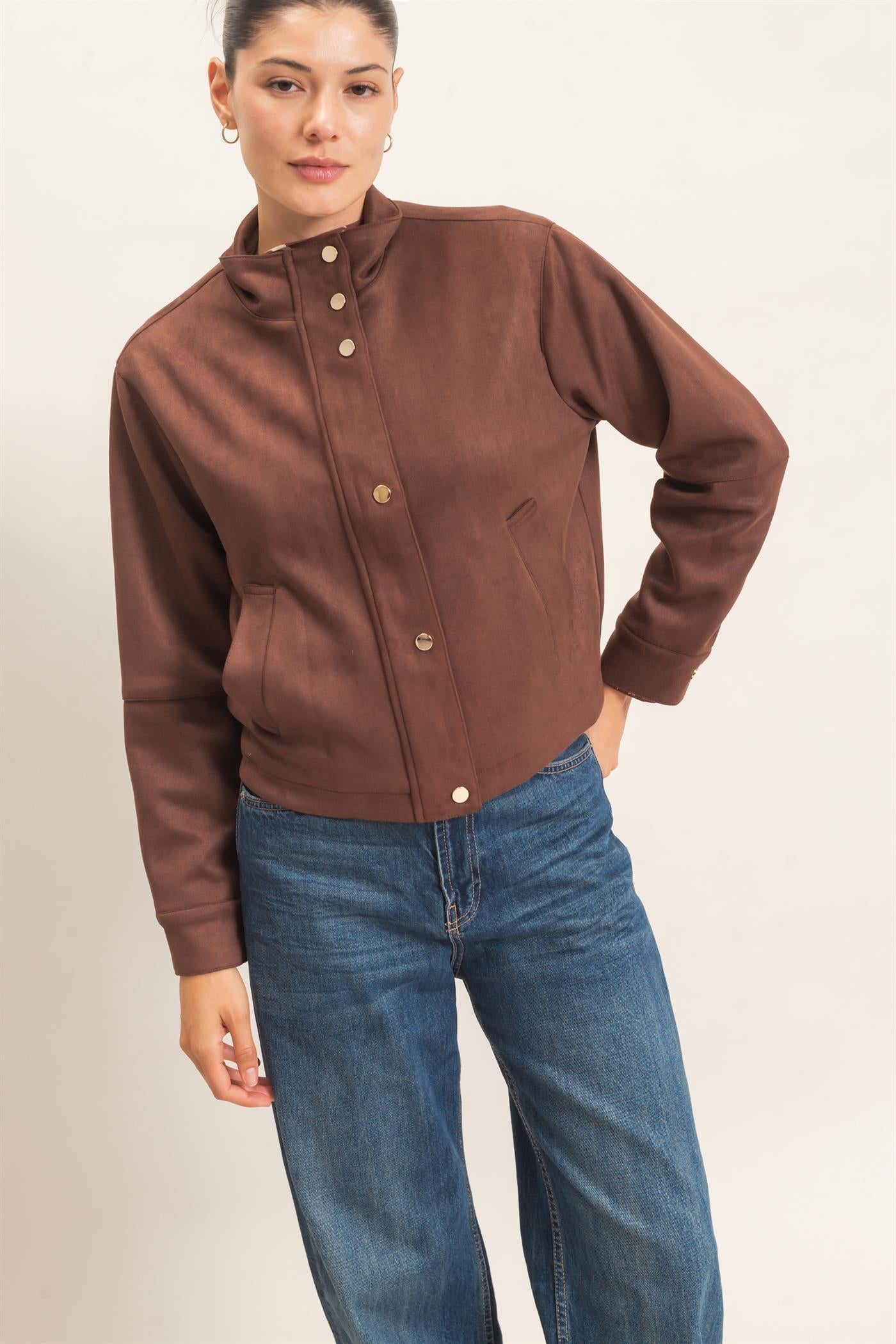 Wholesale Collar Suede Snap Jacket Coats & Jackets HF26E373 CHESTNUT HYFVE