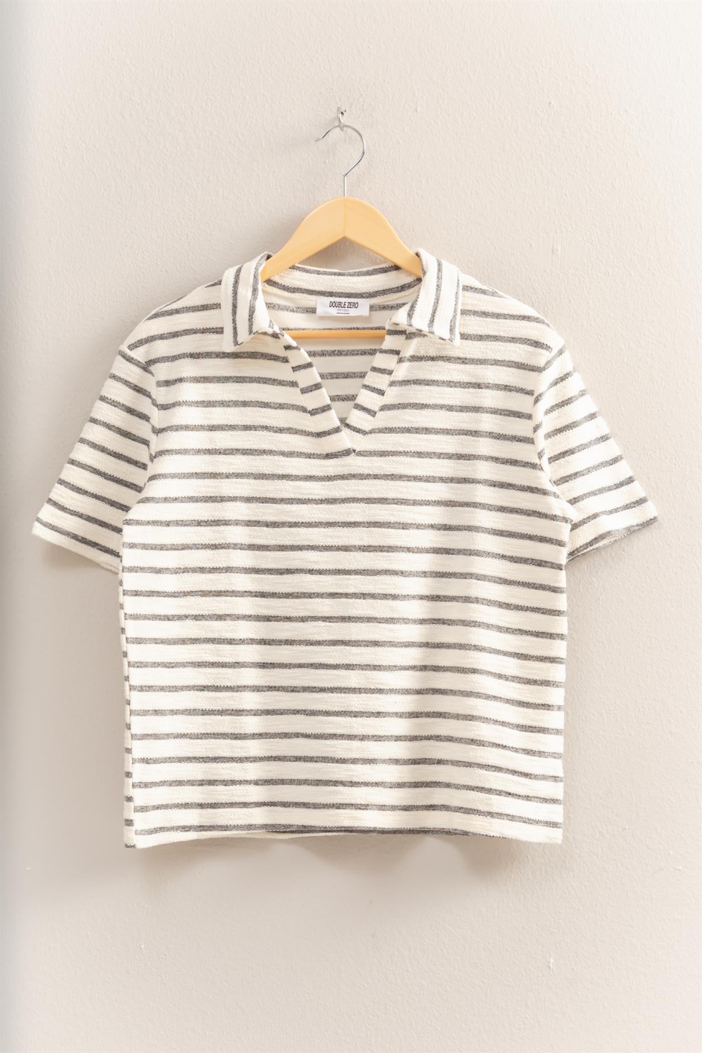 Wholesale Striped Polo Neck Short Sleeve Top Clothing Tops DZ25C161 BLACK/CREAM DOUBLE ZERO