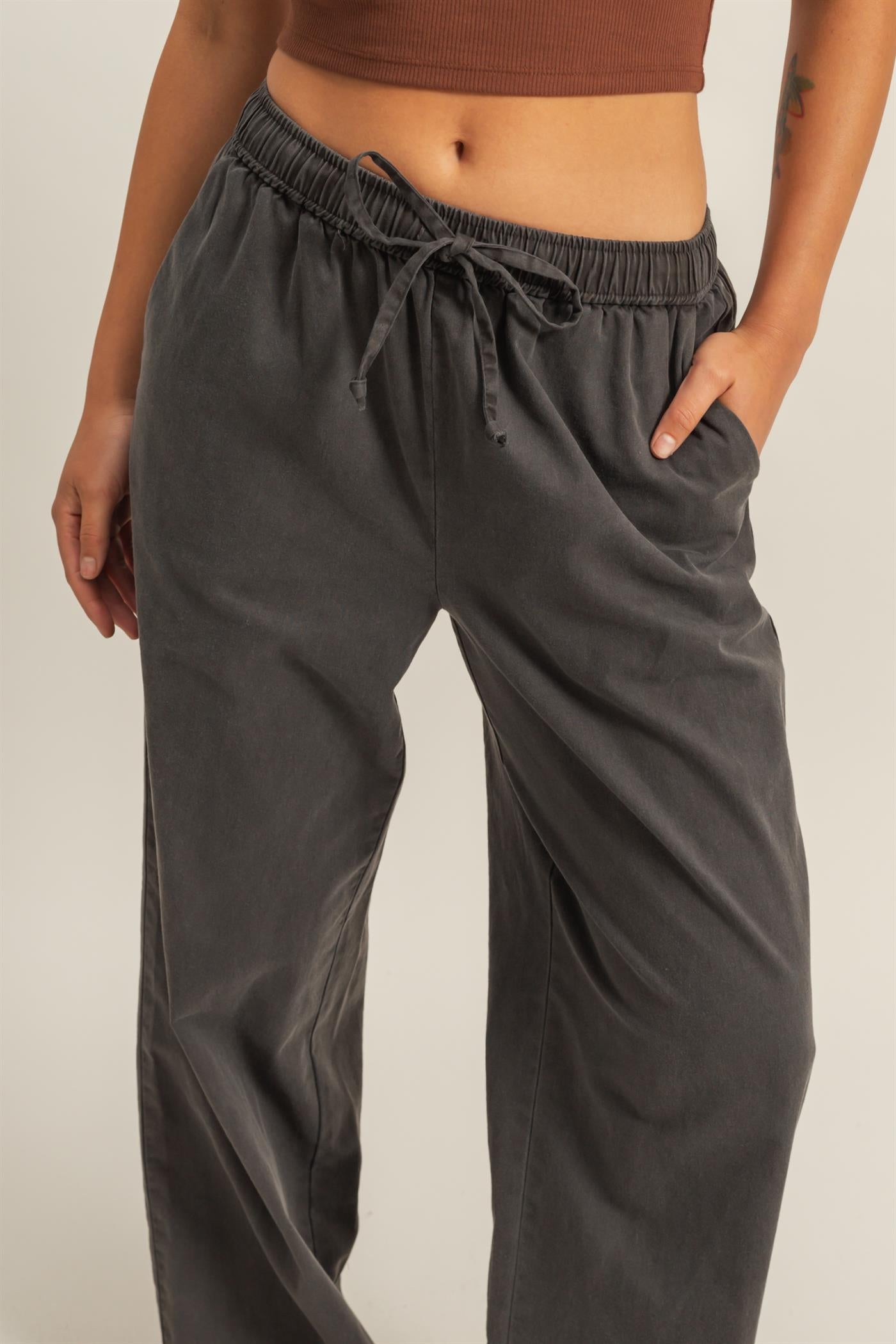 Wholesale Drawstring Waist Straight Leg Pants Pants DZ24A339 BLACK DOUBLE ZERO