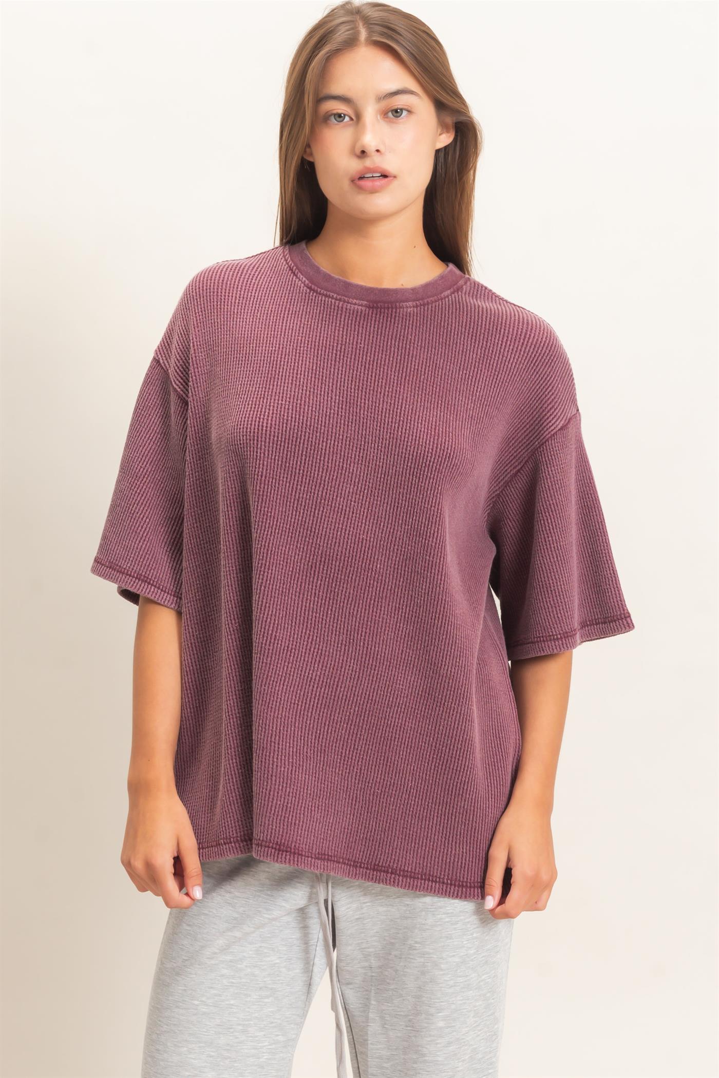 Wholesale Mineral Wash Waffle Crew Neck Short Sleeve Top Clothing Tops DZ26E328 DARK CHERRY DOUBLE ZERO