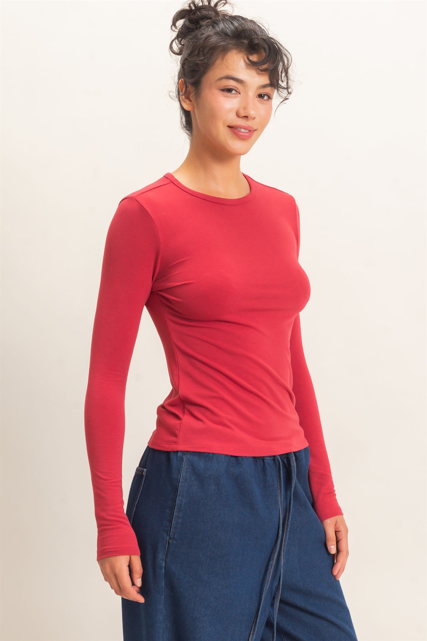 Wholesale Crew Neck Long Sleeve Top Clothing Tops DZ26E258 DARK RED DOUBLE ZERO