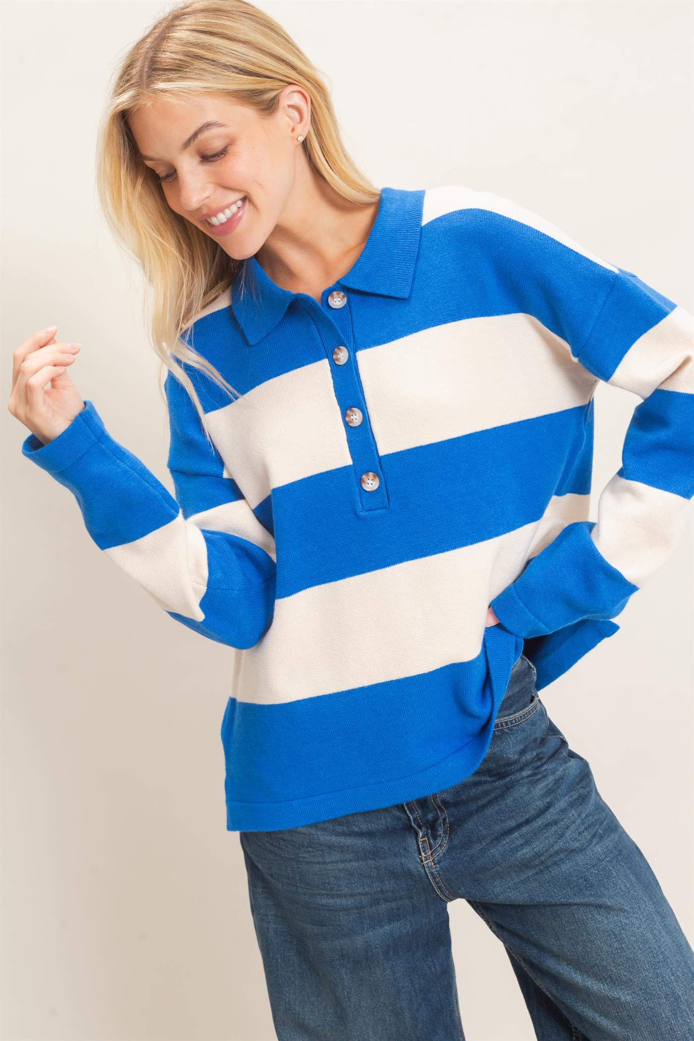 Wholesale Striped Button-Up Sweater Sweaters HF26F198 BLUE HYFVE