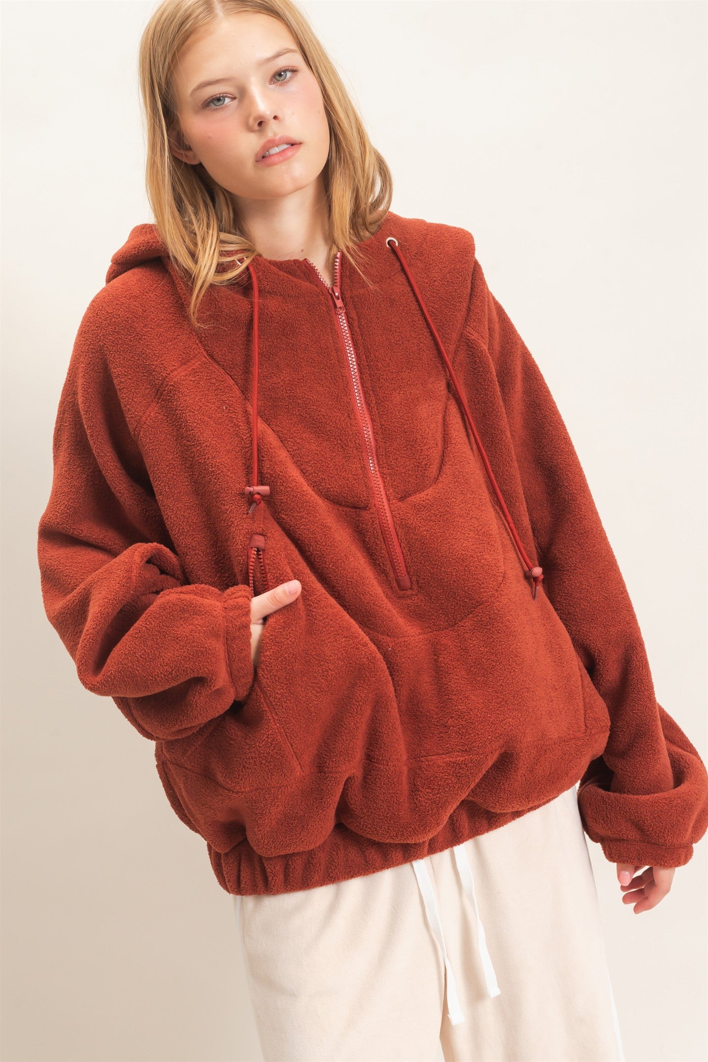 Wholesale Half-Zip Fleece Hoodie Hoodies HF26E561 BRICK HYFVE