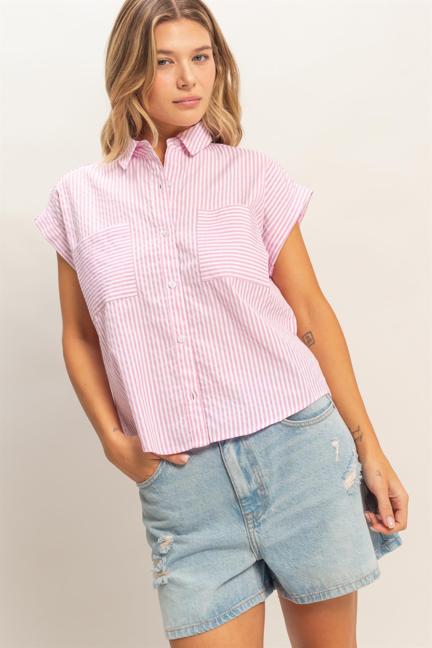 Wholesale Button-Up Striped Shirt Shirts HF26E429-D PINK HYFVE