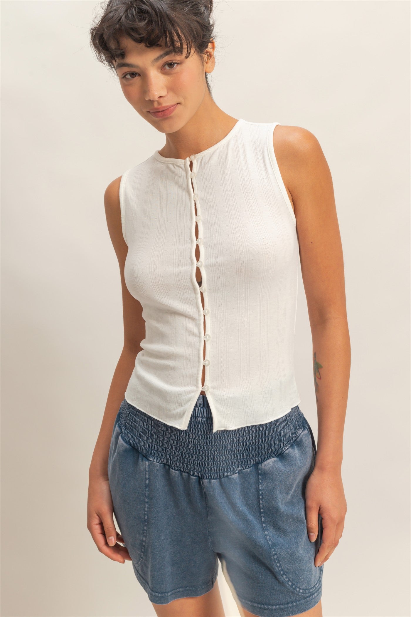 Wholesale Sleeveless Pointelle Button Front Top Clothing Tops DZ26A759 WHITE DOUBLE ZERO