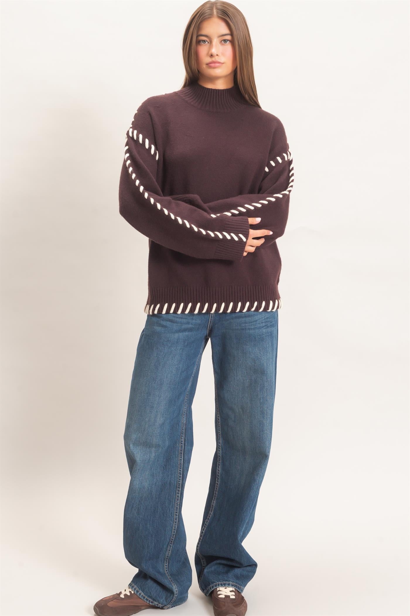 Wholesale Blanket Stitch High Neck Sweater Sweaters DZ27A190 DARK BROWN DOUBLE ZERO