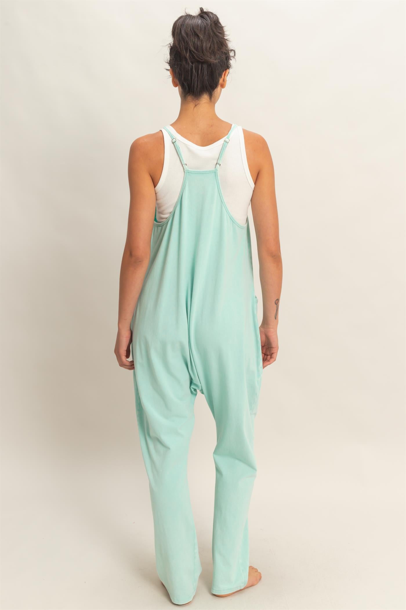 Wholesale Mineral Wash Spaghetti Strap Jumpsuit Clothing DZ26C375 TURQUOISE DOUBLE ZERO