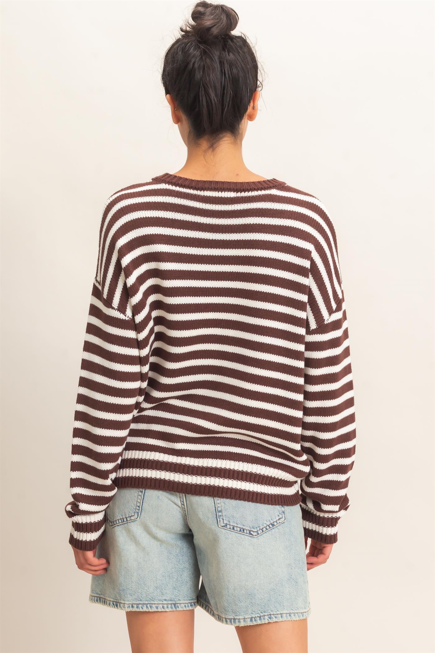 Wholesale Striped Crew Neck Sweater Sweaters DZ26E237 DARK BROWN DOUBLE ZERO