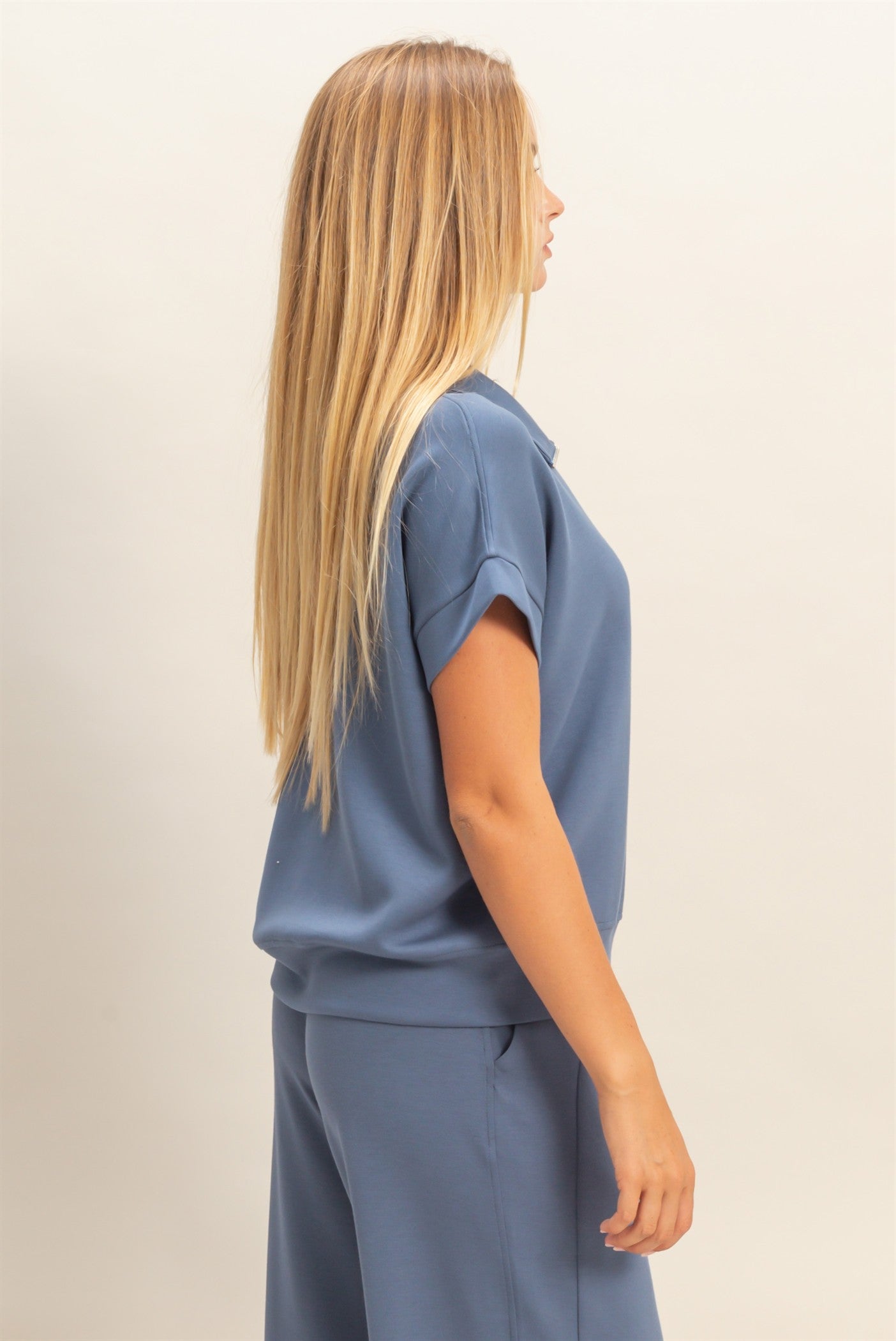 Wholesale Short Sleeve High Neck Half-Zip Top Clothing Tops DZ26C735 DUSTY NAVY DOUBLE ZERO