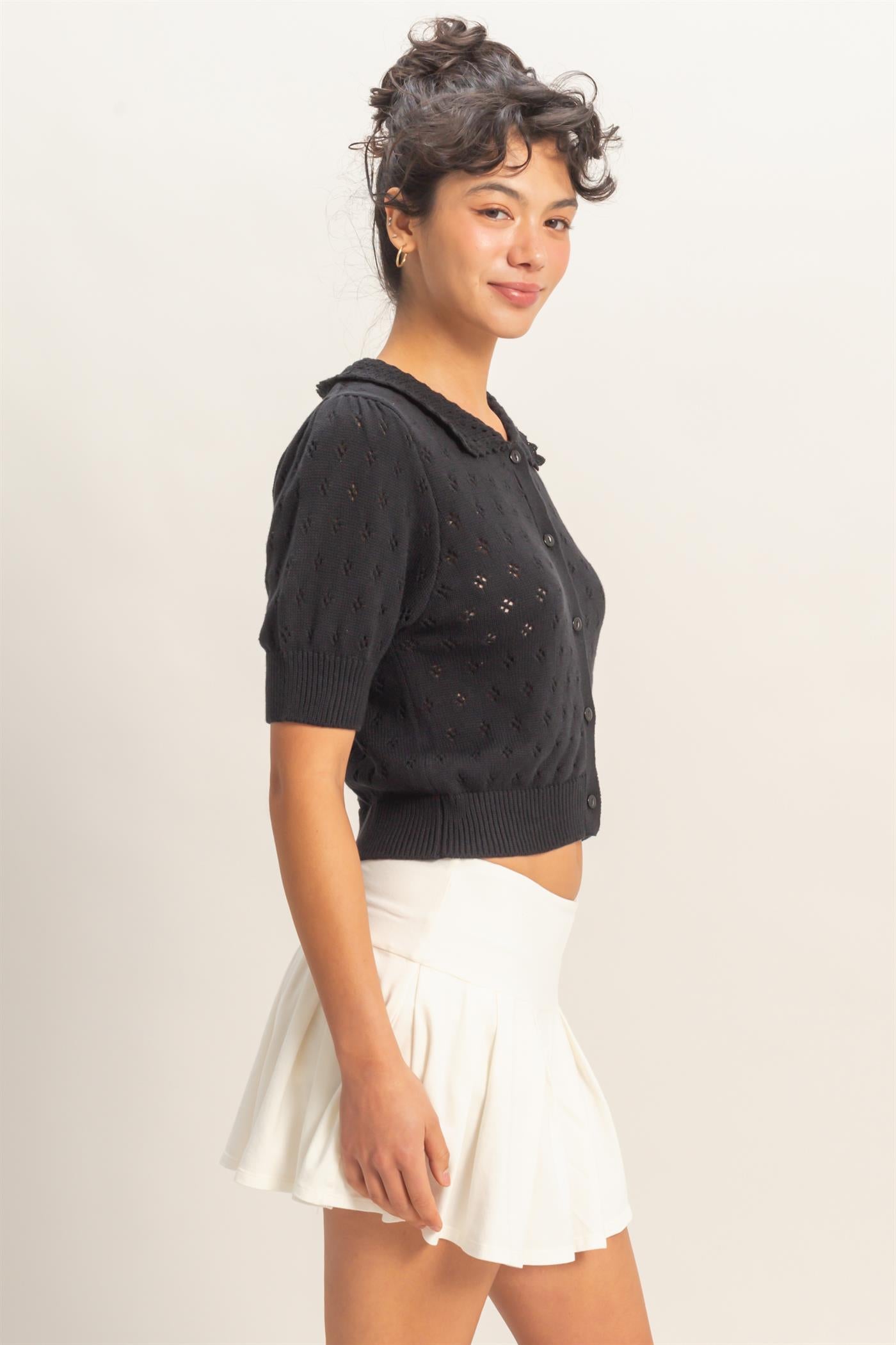Wholesale Pointelle Collar Button-Up Puff Sleeve Knit Top Clothing Tops DZ26A748 BLACK HYFVE