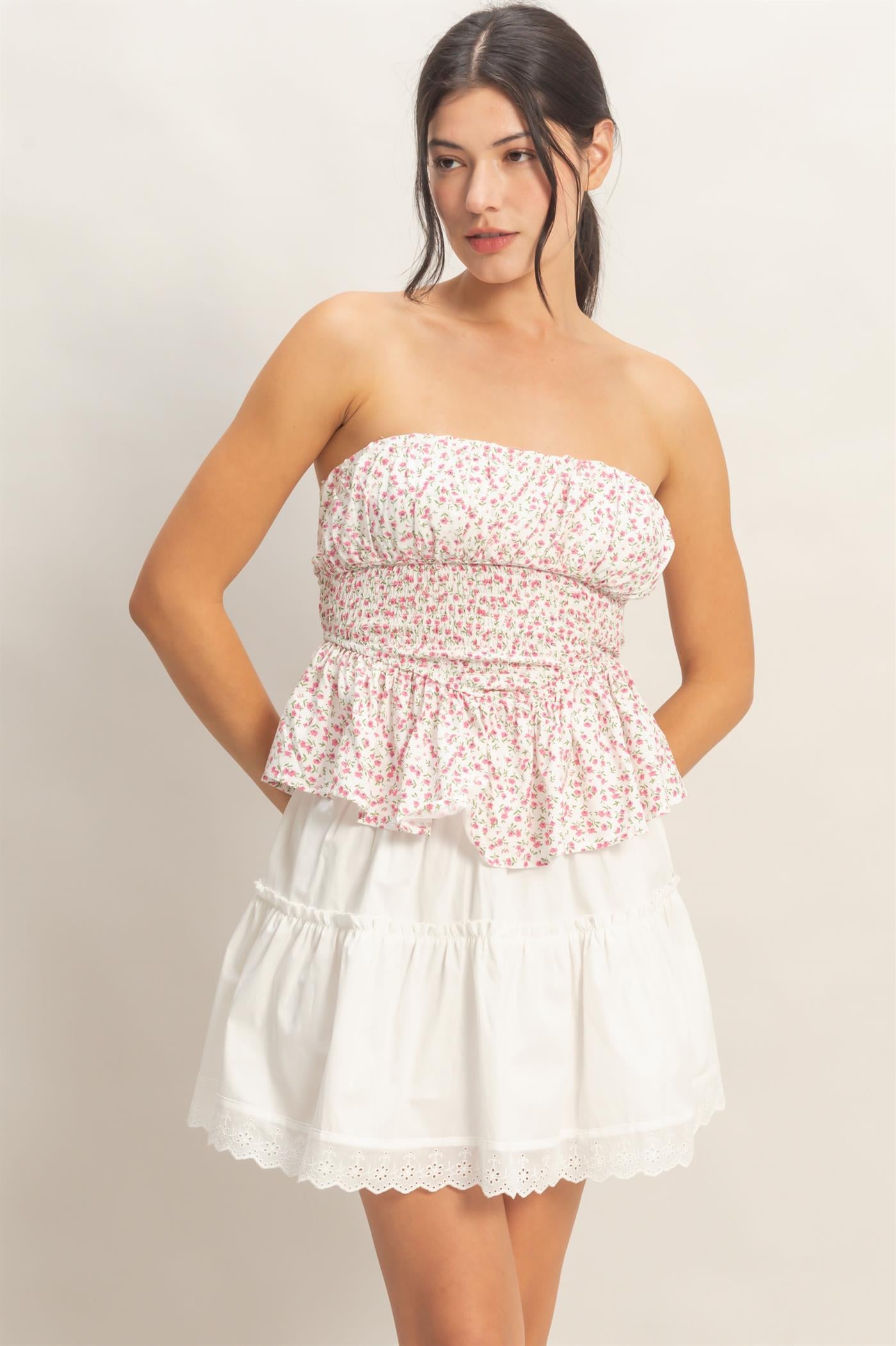 Wholesale Floral Strapless Smocked Top Shirts HF26A868 PINK HYFVE