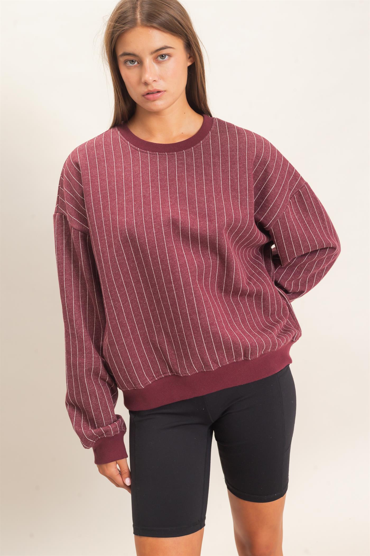 Wholesale Pinstripe Crew Neck Sweatshirt Sweatshirts DZ26E627 DARK CHERRY DOUBLE ZERO