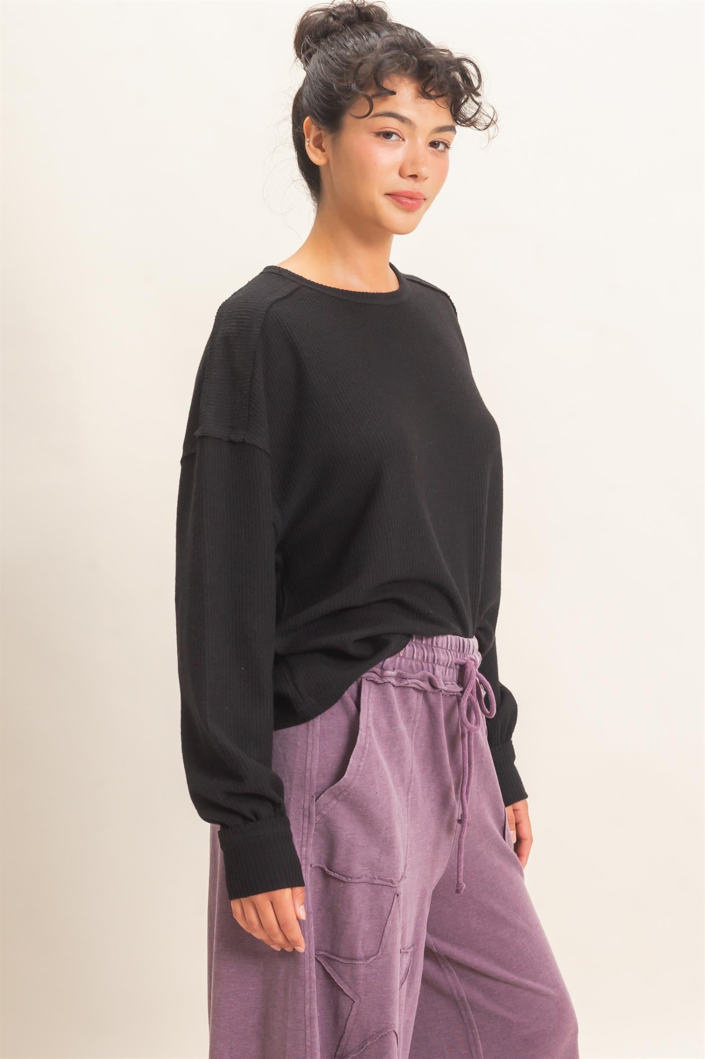 Wholesale Raw Edge Waffle Sweatshirt Sweatshirts DZ26F081 BLACK HYFVE