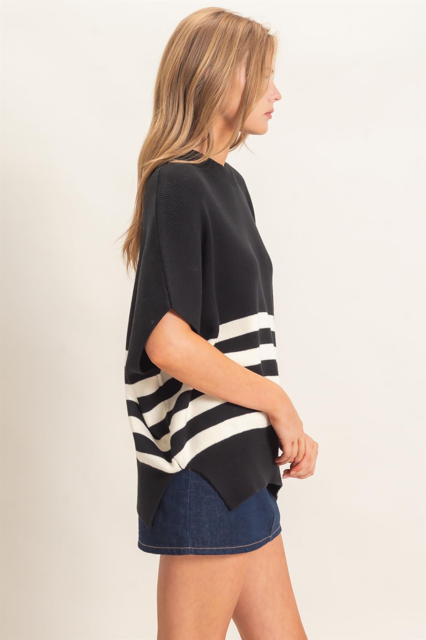 Wholesale Striped Ribbed Crew Neck Sweater Sweaters HF26E350-D BLACK HYFVE