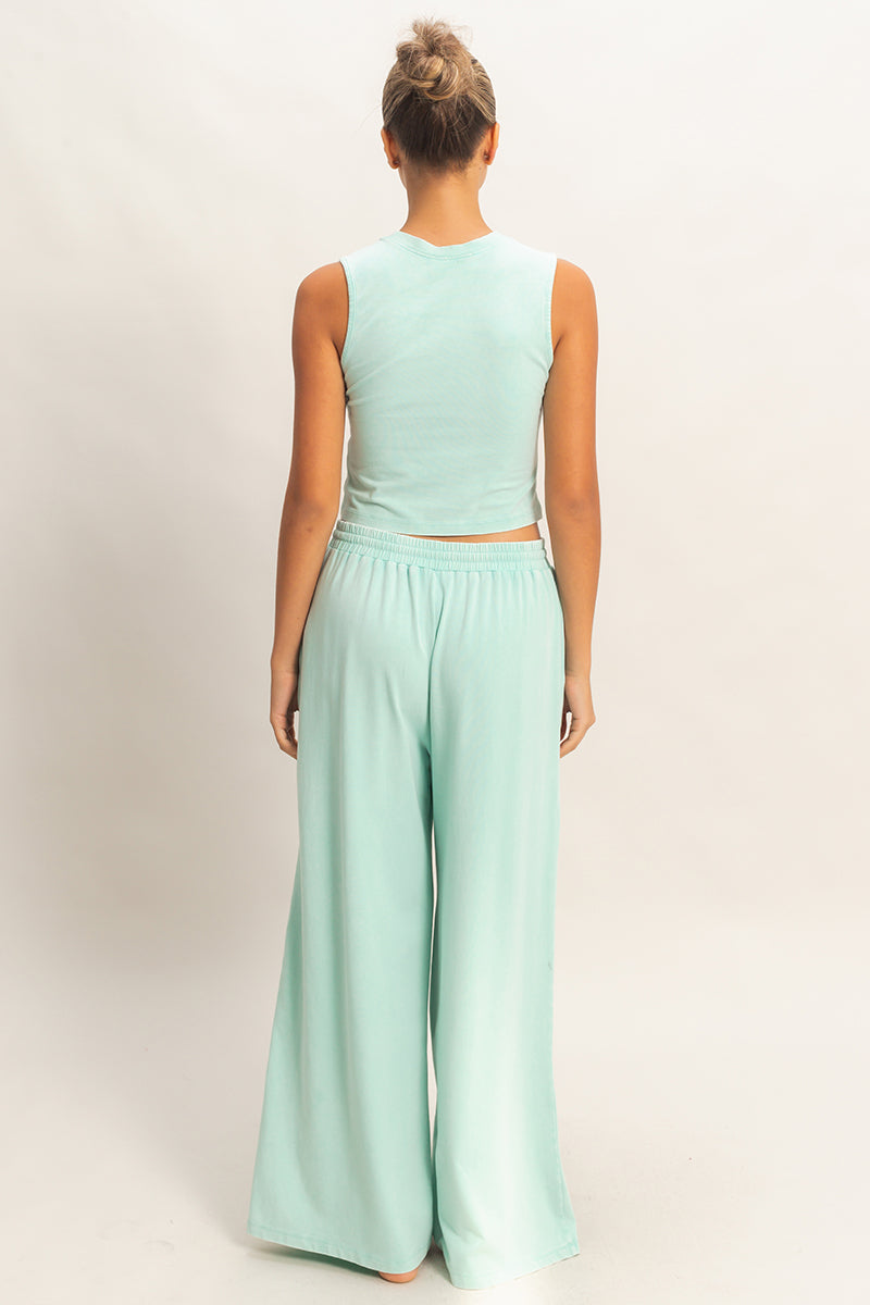Wholesale Mineral Washed Sleeveless Top & Wide Leg Pants Set Clothing DZ26A371-SET TURQUOISE DOUBLE ZERO