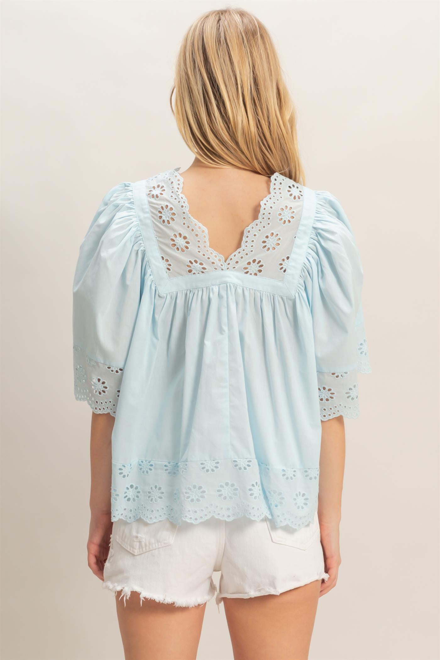 Wholesale Scalloped Eyelet Babydoll Top Clothing Tops HF26C293 LIGHT BLUE HYFVE