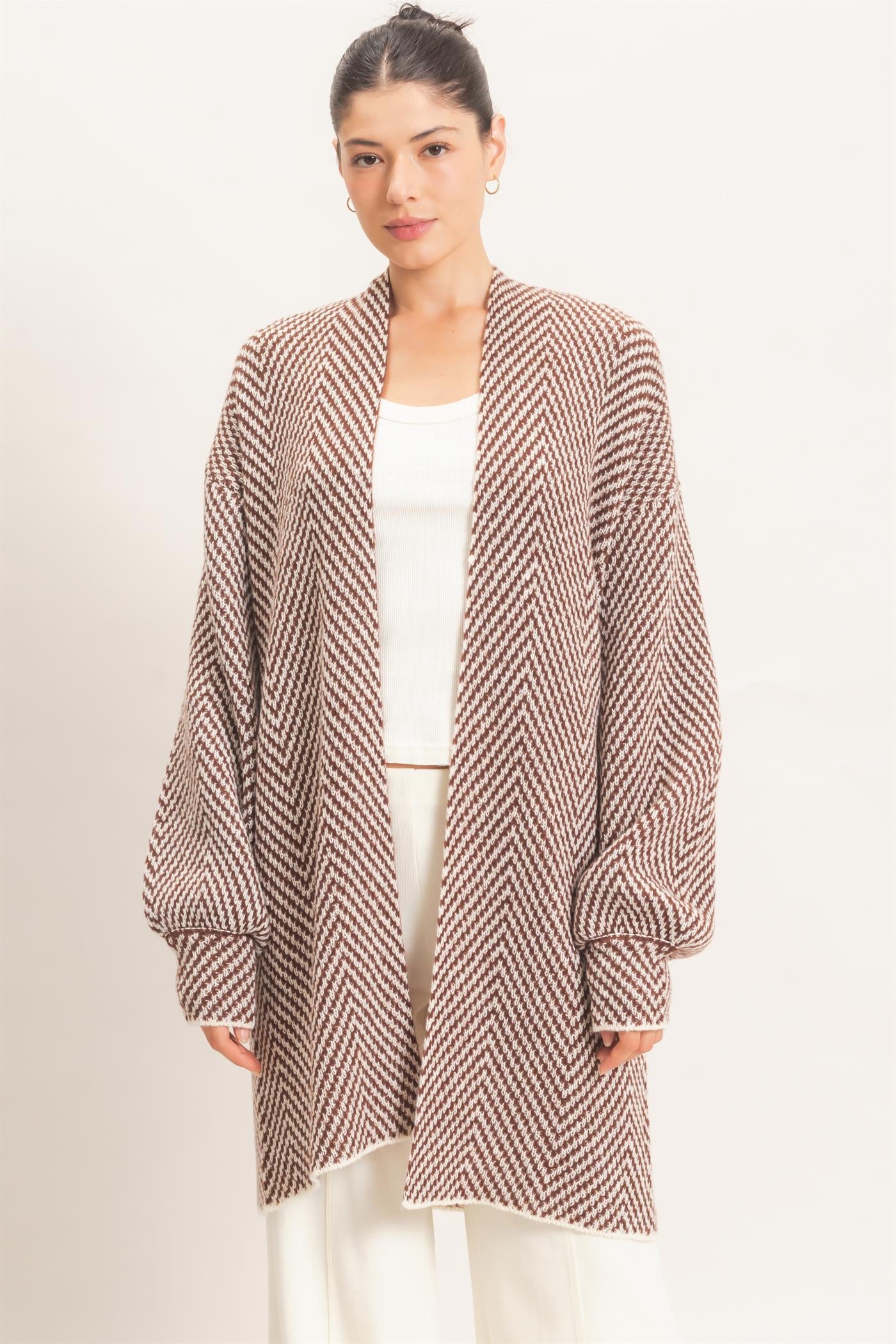 Wholesale Herringbone Pattern Open-Front Cardigan Cardigans HF26F171 BROWN HYFVE