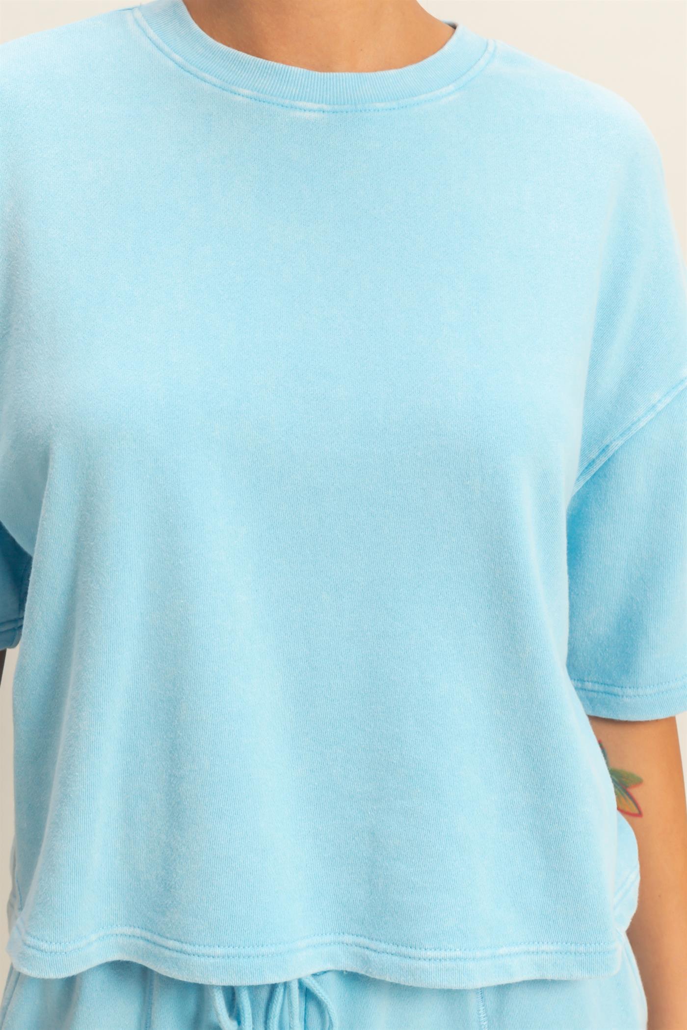 Wholesale Acid Wash Boxy Crew Neck Top T-Shirts DZ26C093 BLUE DOUBLE ZERO