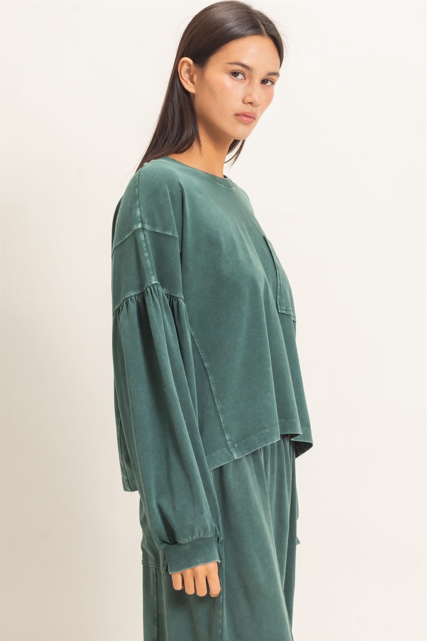 Wholesale Mineral Wash Puff Long Sleeve Boxy Top Clothing Tops DZ26F402 DARK GREEN DOUBLE ZERO